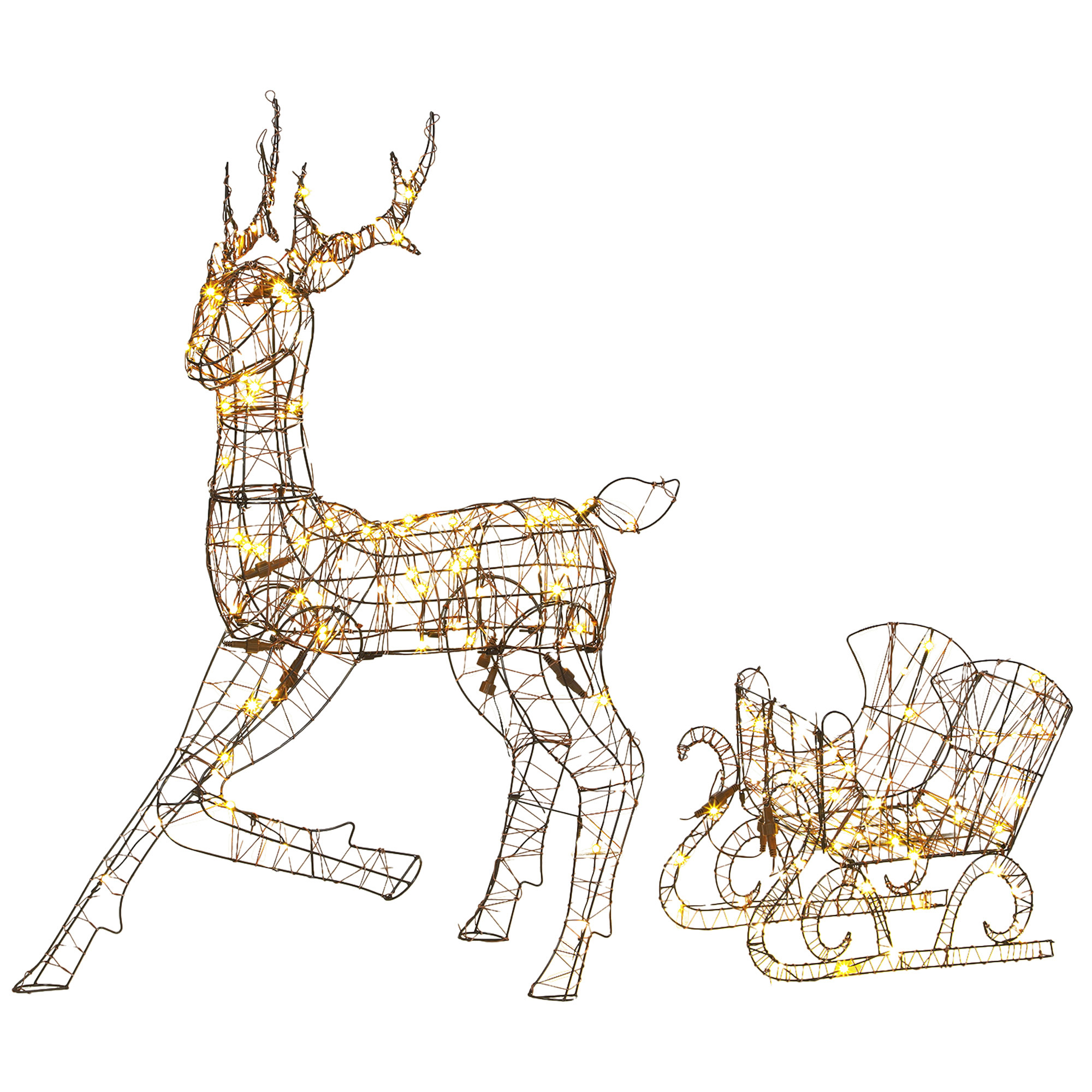 beleuchtetes Rentier- und Schlitten-Set, 2-teilige Weihnachtsdeko aus Polyrattan für außen, mit LEDs, 8 Modi, Timer