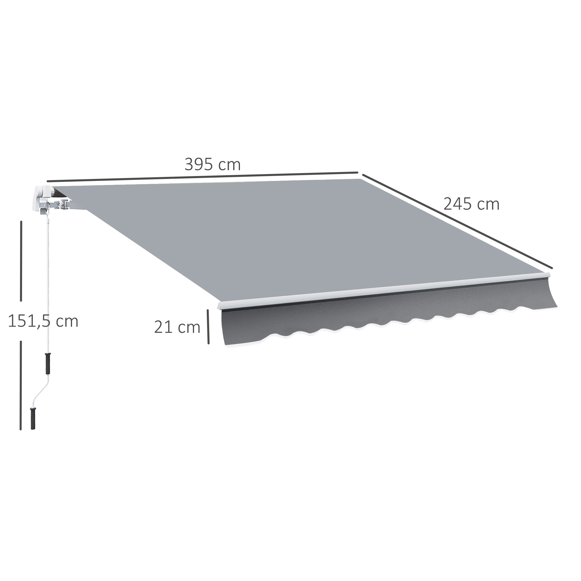 Markise, 3,95 x 2,45 m, Sonnenschutz, einfahrbar, mit Handkurbel, Metallrahmen, Polyester, Grau/Weiß