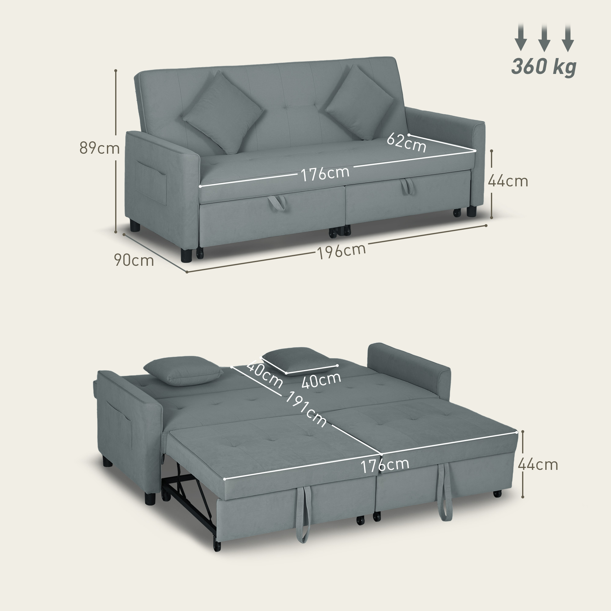 Sofabett, verstellbare 3-Sitzer-Couch mit Bettfunktion, Schlafsofa mit ausziehbarem Bett, Kissen, Grau