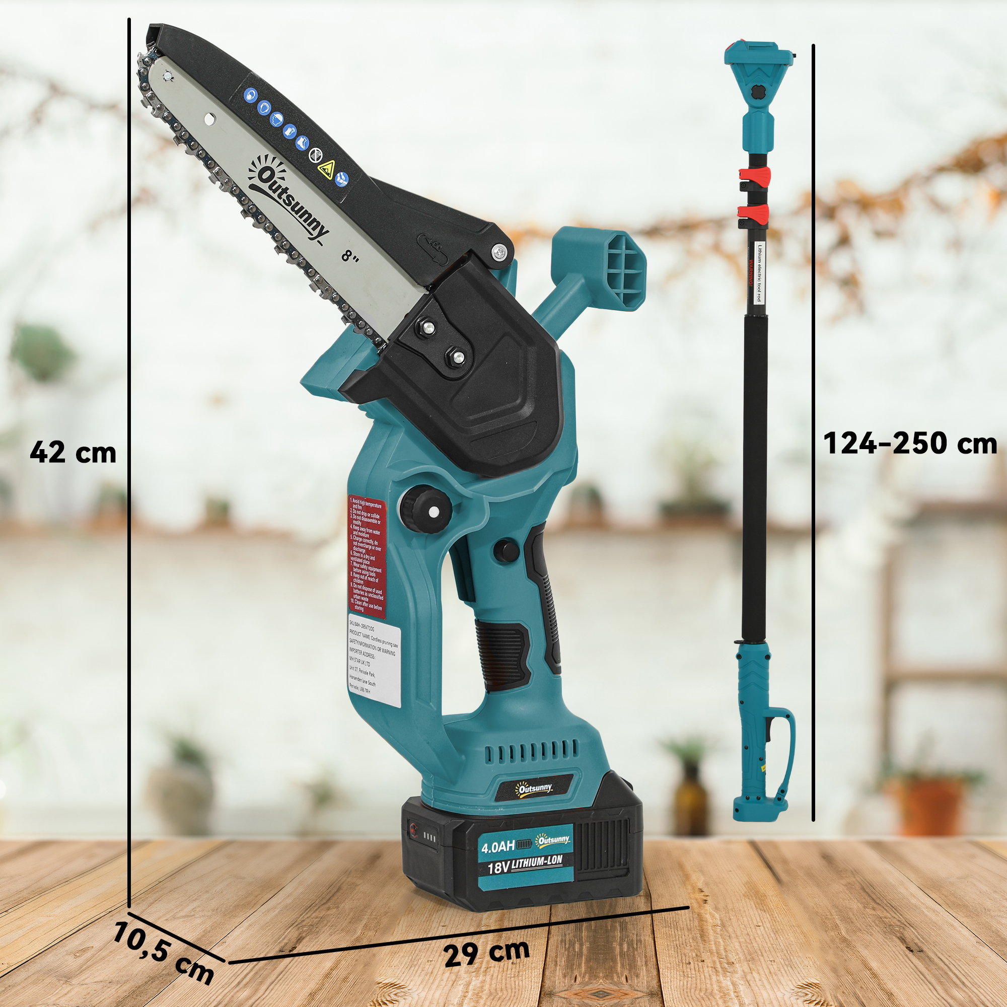 2-in-1 Mini Kettensäge 580W mit Akku 8000mAh Sicherheitsverriegelung 8 Zoll 42 x 29 x 10,5 cm Blau