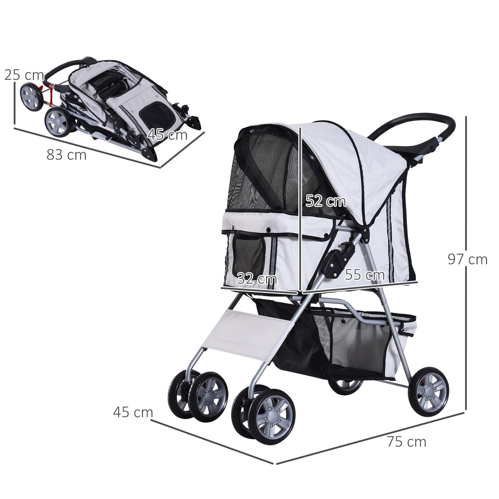 Hundewagen Hundebuggy bis 10 kg Klappbar verstellbares Vordach 2 Becherhalter Sonnendach Silber