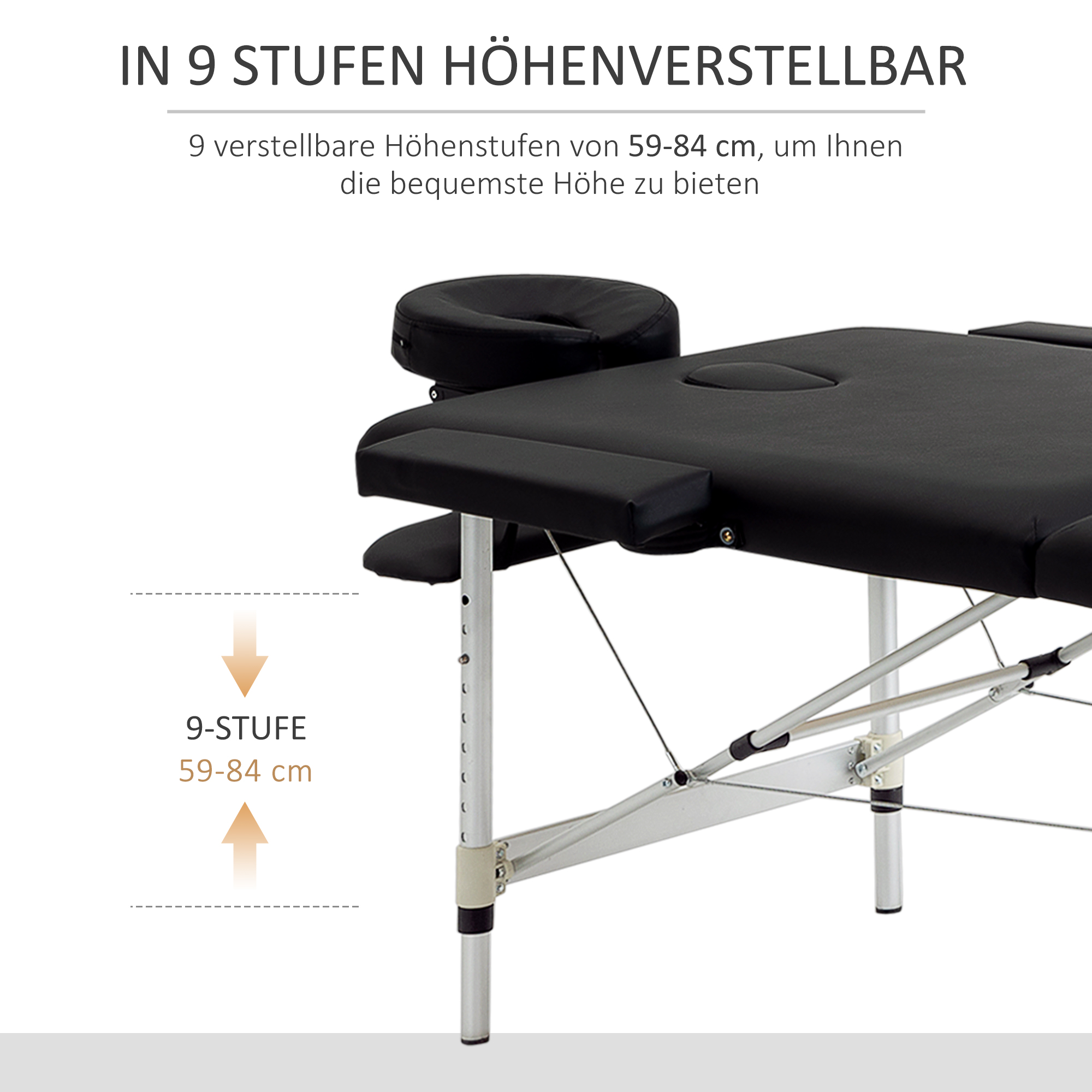 Massageliege, 2 Zonen klappbarer Massagetisch mit Kunstleder-Bezug, Kopfstütze, Armlehnen, Tasche, höhenverstellbare Massagebank 90cm Breit bis 225 kg belastbar, Schwarz
