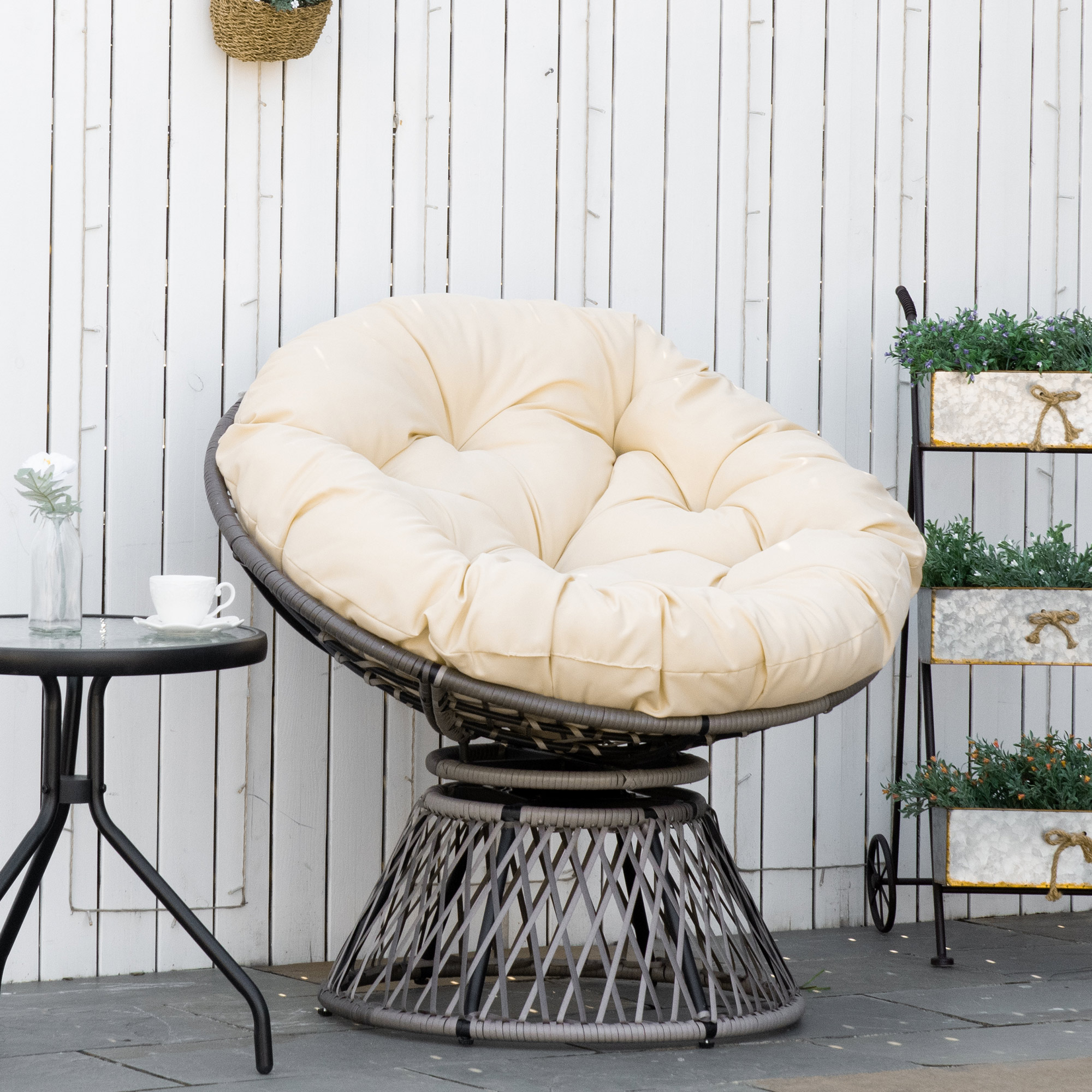 Papasansessel, Korbsessel, Sitzkissen, Kunstrattan, drehbar, Metallrahmen, 87 x 97 x 90 cm, Beige