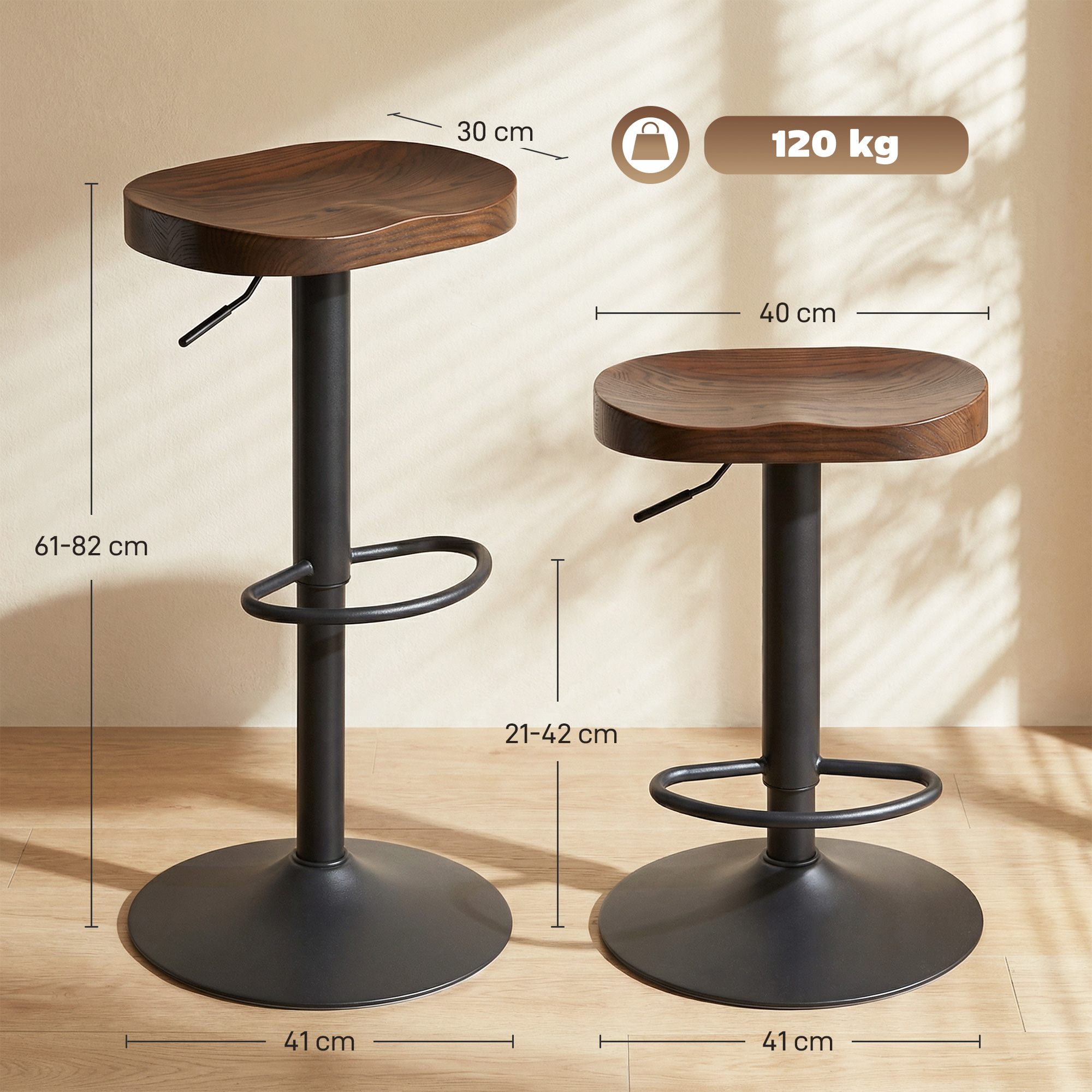 Barhocker Set aus 2, Höhenverstellbare Drehstühle mit Sattelsitz aus Ulmenholz in Dunkelbraun