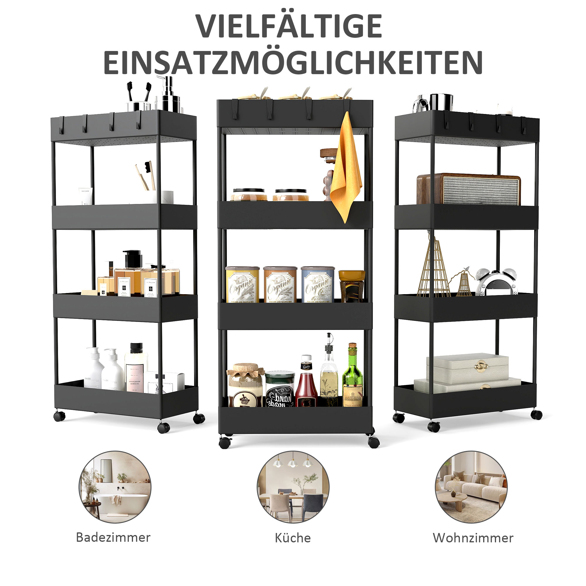 Küchenwagen mit 4 Regalen, 4 flexiblen Haken, 4 Rollen, 40 cm x 19 cm x 90 cm, Nischenwagen, Schwarz