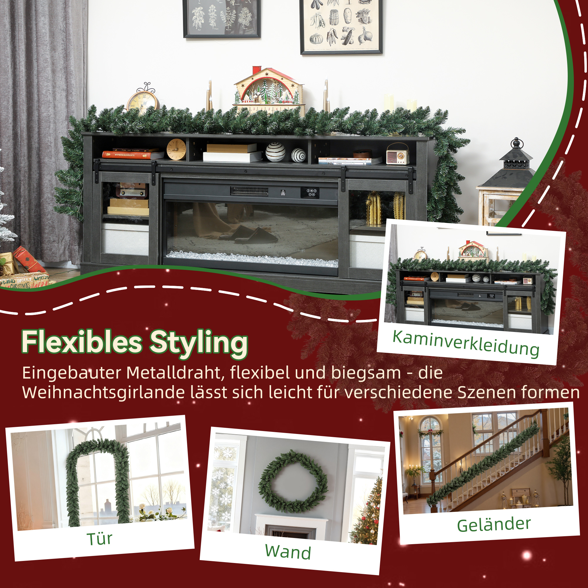 2,7 m künstliche Weihnachtsgirlande Dekoration mit 216 Spitzen Tannengirlande für Treppen Kamin Grün