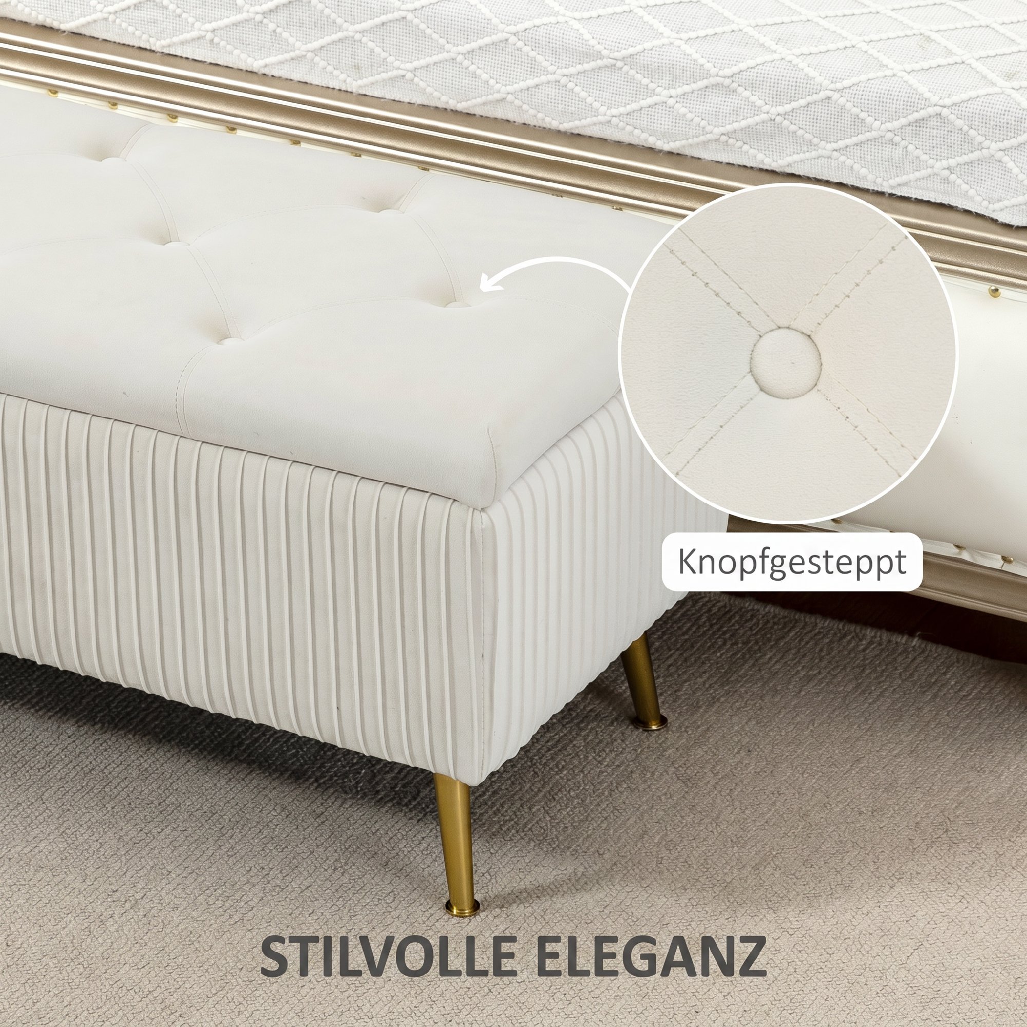 Sitzbank mit Stauraum, Polsterbank mit Samtoptik, Goldene Stahlbeine, Bettbank für Wohnzimmer