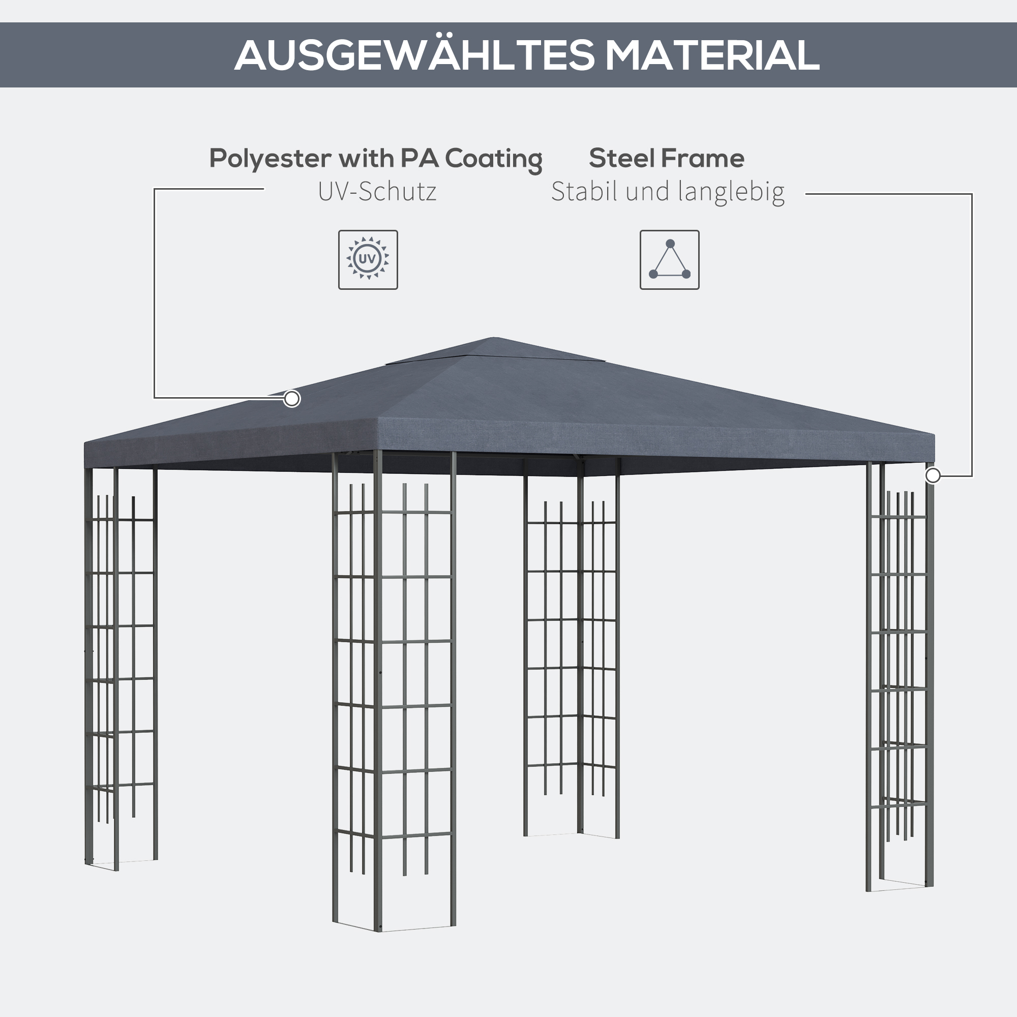 Gartenpavillon 2,95 x 2,95 m Pavillon Gartenzelt Festzelt Partyzelt Stahl Polyester Grau