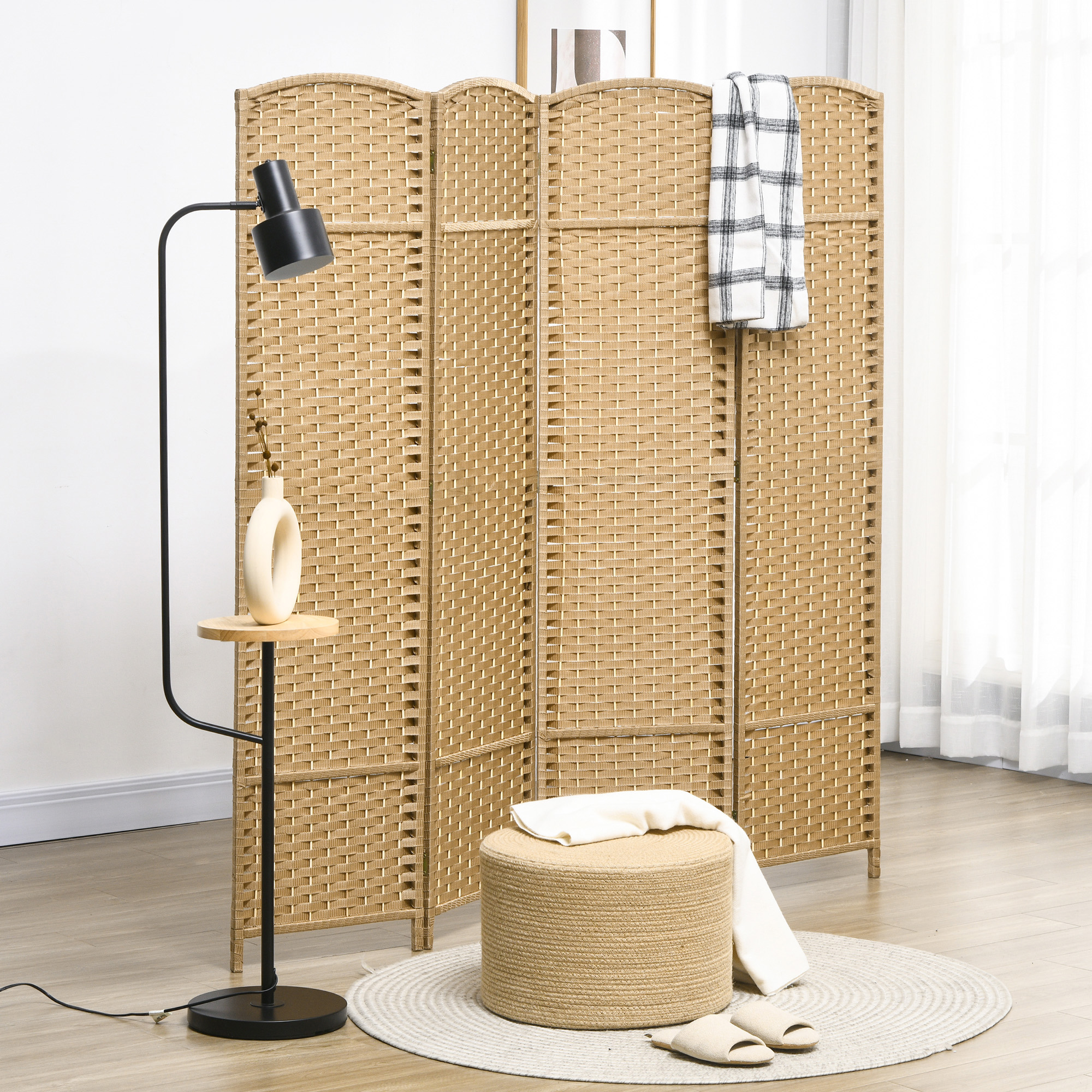 4-teiliger Raumtrenner, Faltbarer Sichtschutz, Sichtschutzwand für Wohnzimmer, Schlafzimmer, Homeoffice, Natur