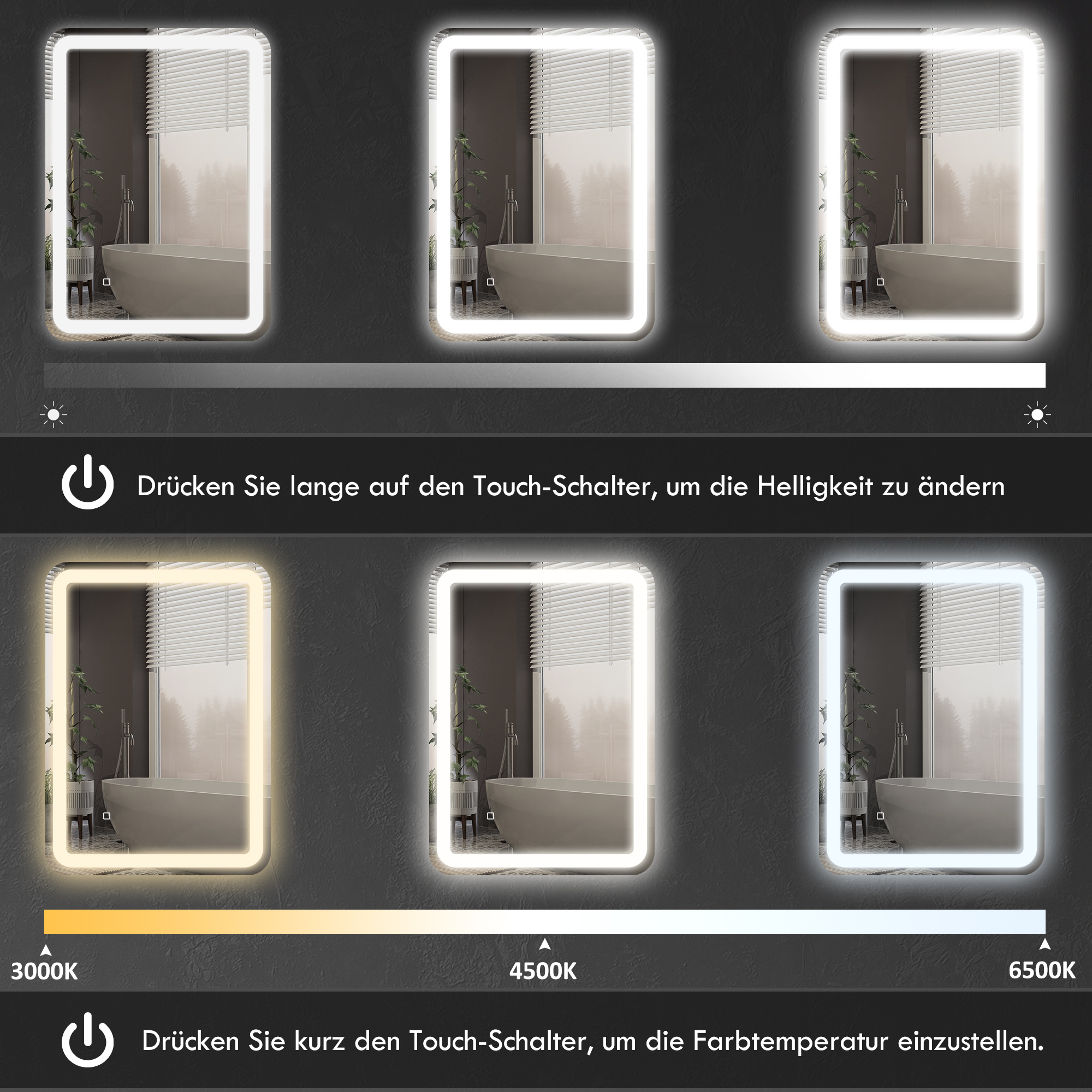 Badezimmerspiegel, beleuchtet, Touch-Steuerung, beschlagfrei, dimmbar, 3 Lichtfarben, 50x70, Silber