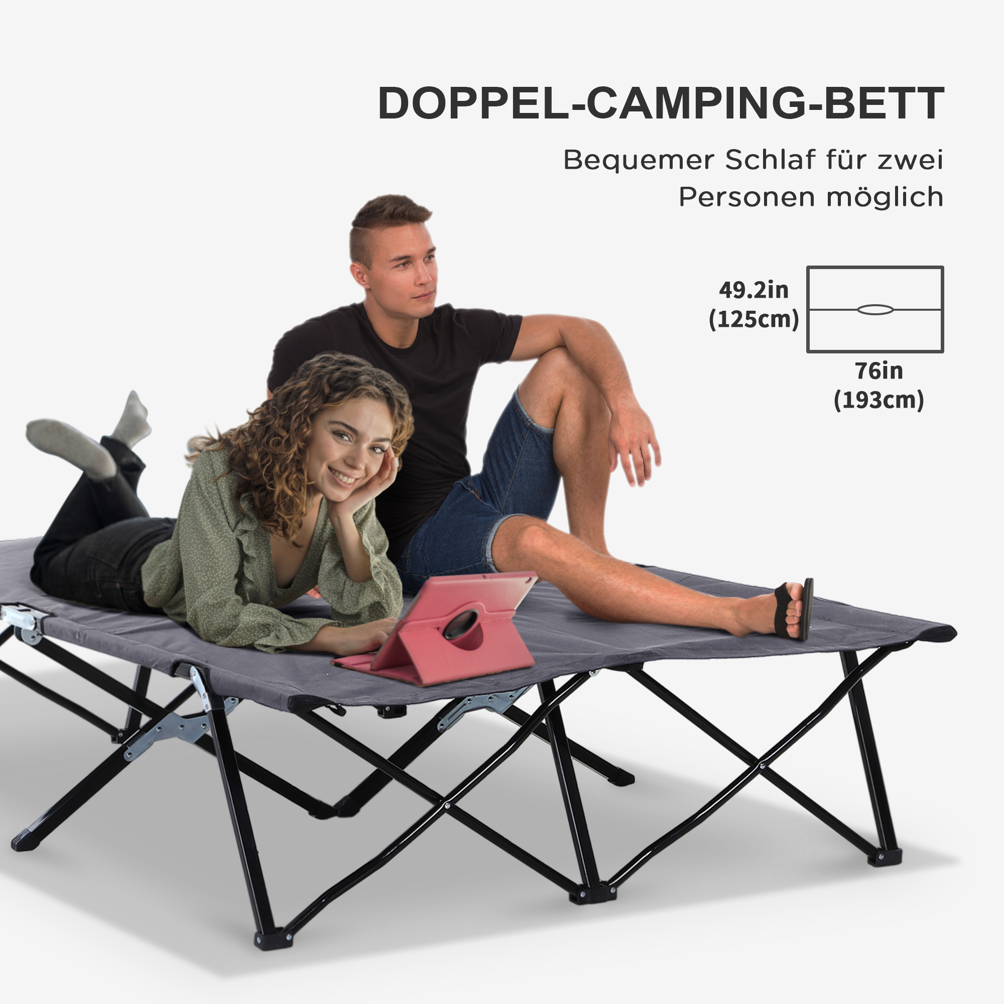 Campingliege, Campingbett für bis zu 2 Personen, 193L x 125B x 40H cm, Grau
