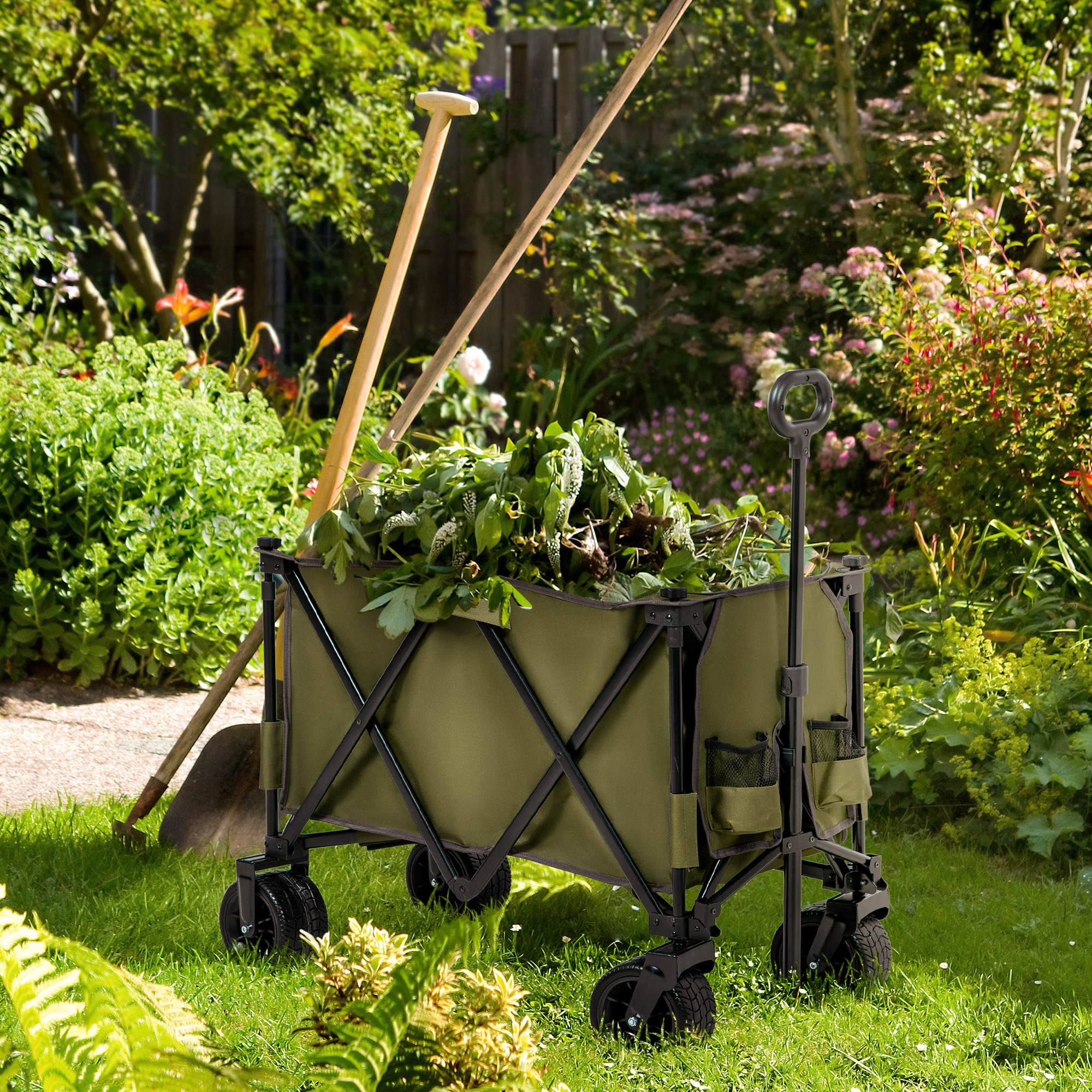 Bollerwagen, klappbar, 7 Seitentaschen, verstellbarer Griff, bis 120 kg, Stahl, grün, 100 x 48 x 100,5 cm