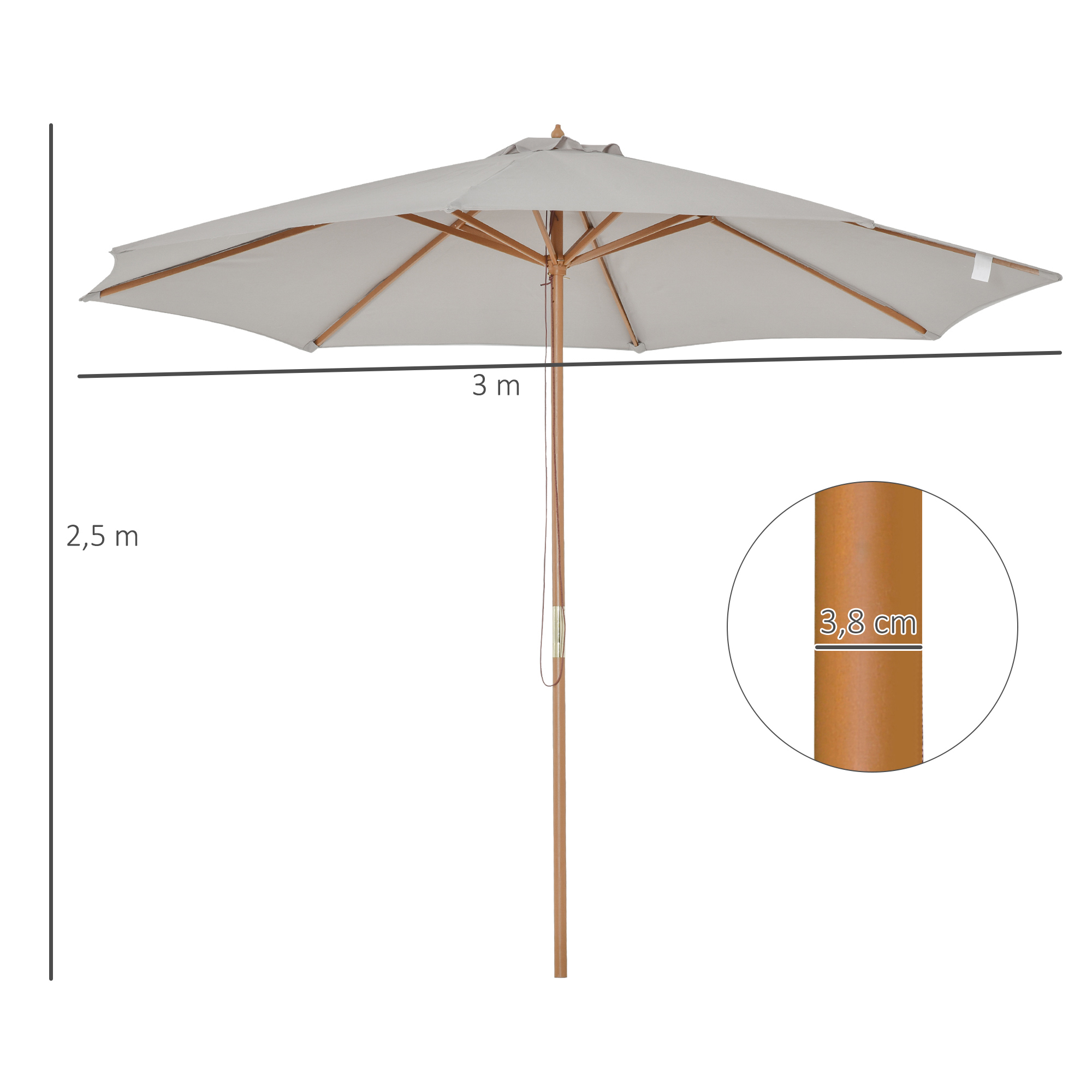 Sonnenschirm Holz 300 cm Holzschirm Gartenschirm Balkonschirm Bambus Grau