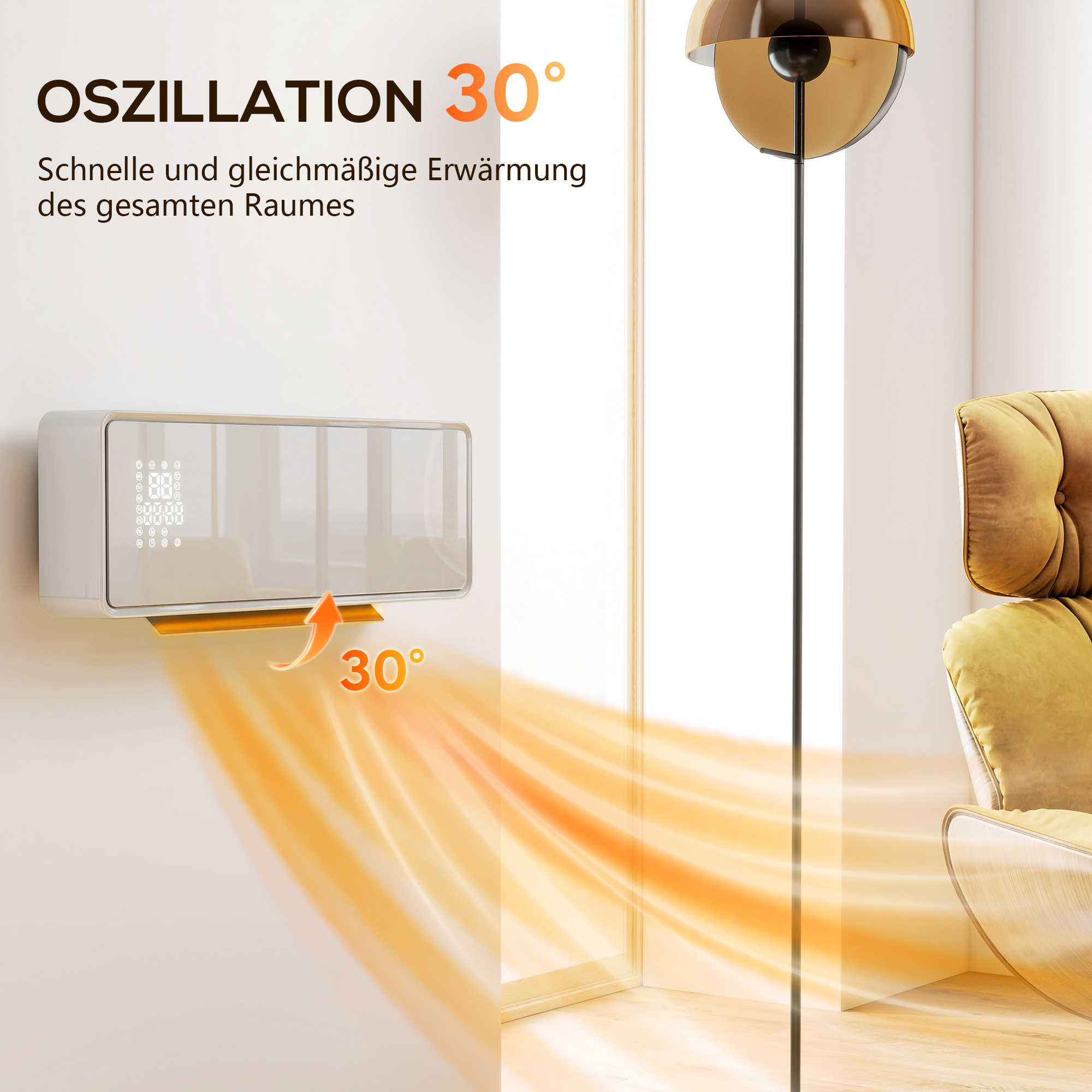 Wandmontierter 2000W Keramik Elektroheizer, Ventilator, Thermostat, Timer, Fernbedienung, Glaspaneel, Weiß