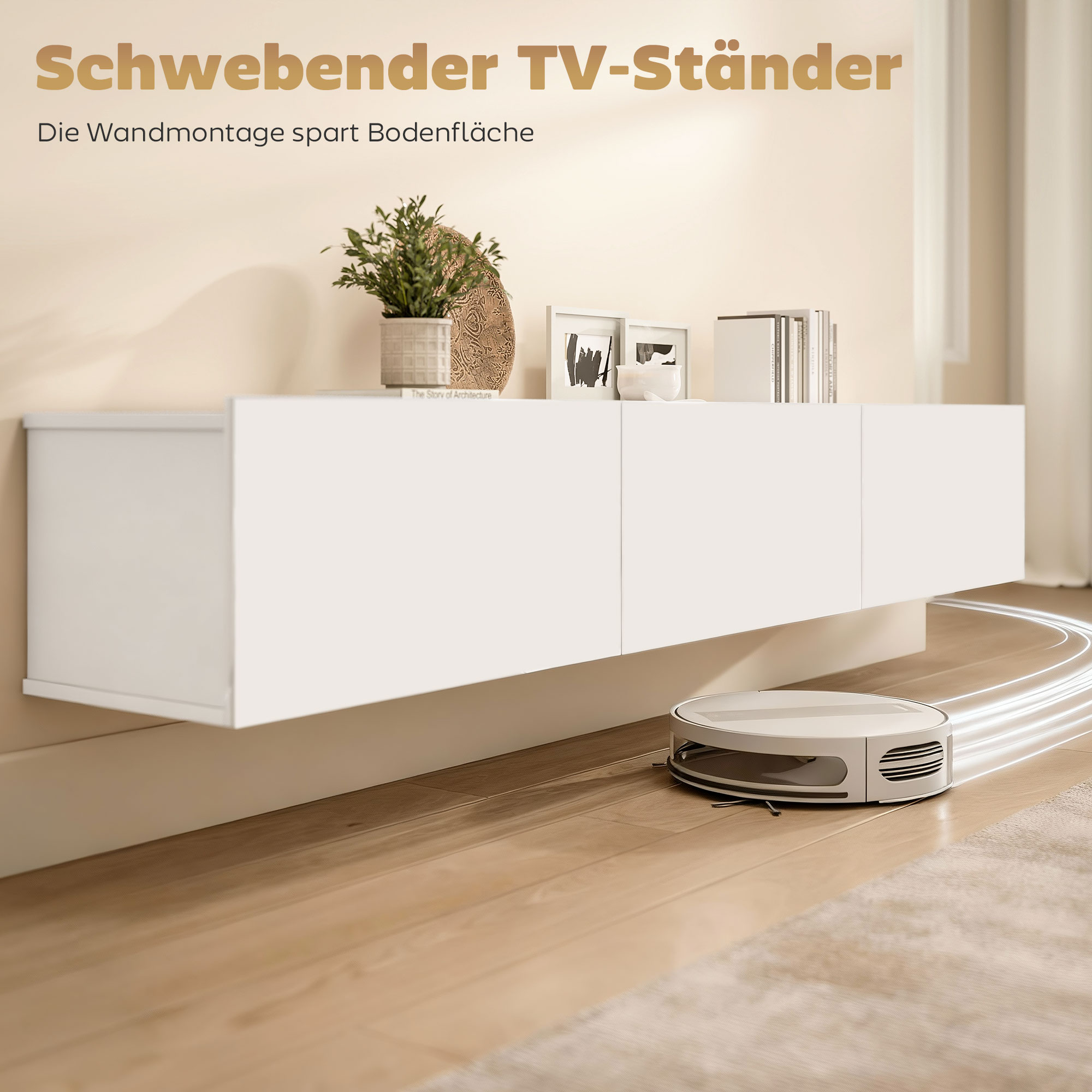 schwebender TV-Schrank, Wandmontage, 3 Schubladen, viel Stauraum, 180 cm, Weiß