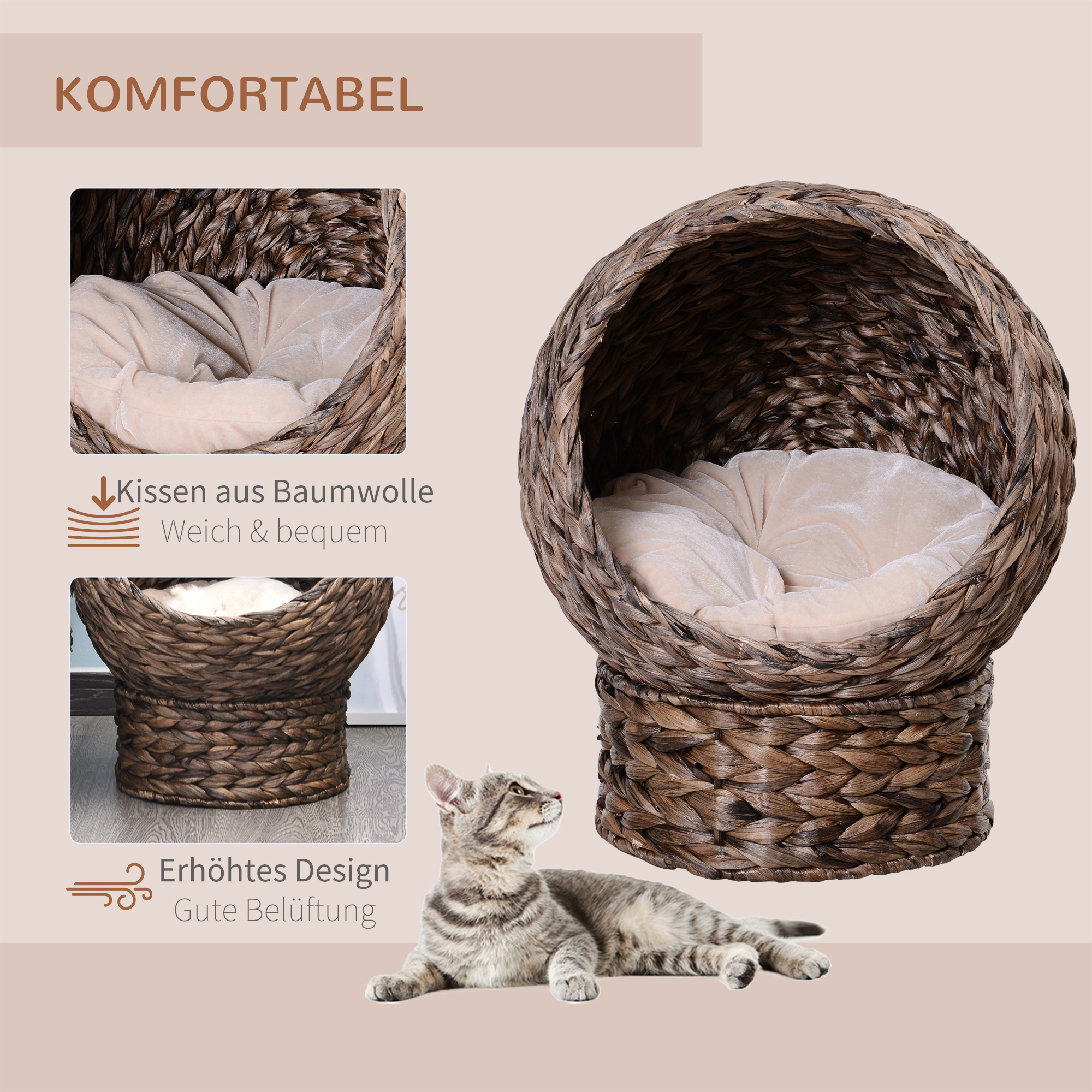 Katzenkorb aus Wasserhyazinthe inkl. Kissen, Katzenbett, Haustierbett,50 cm x 42 cm x 60 cm, Braun + Beige