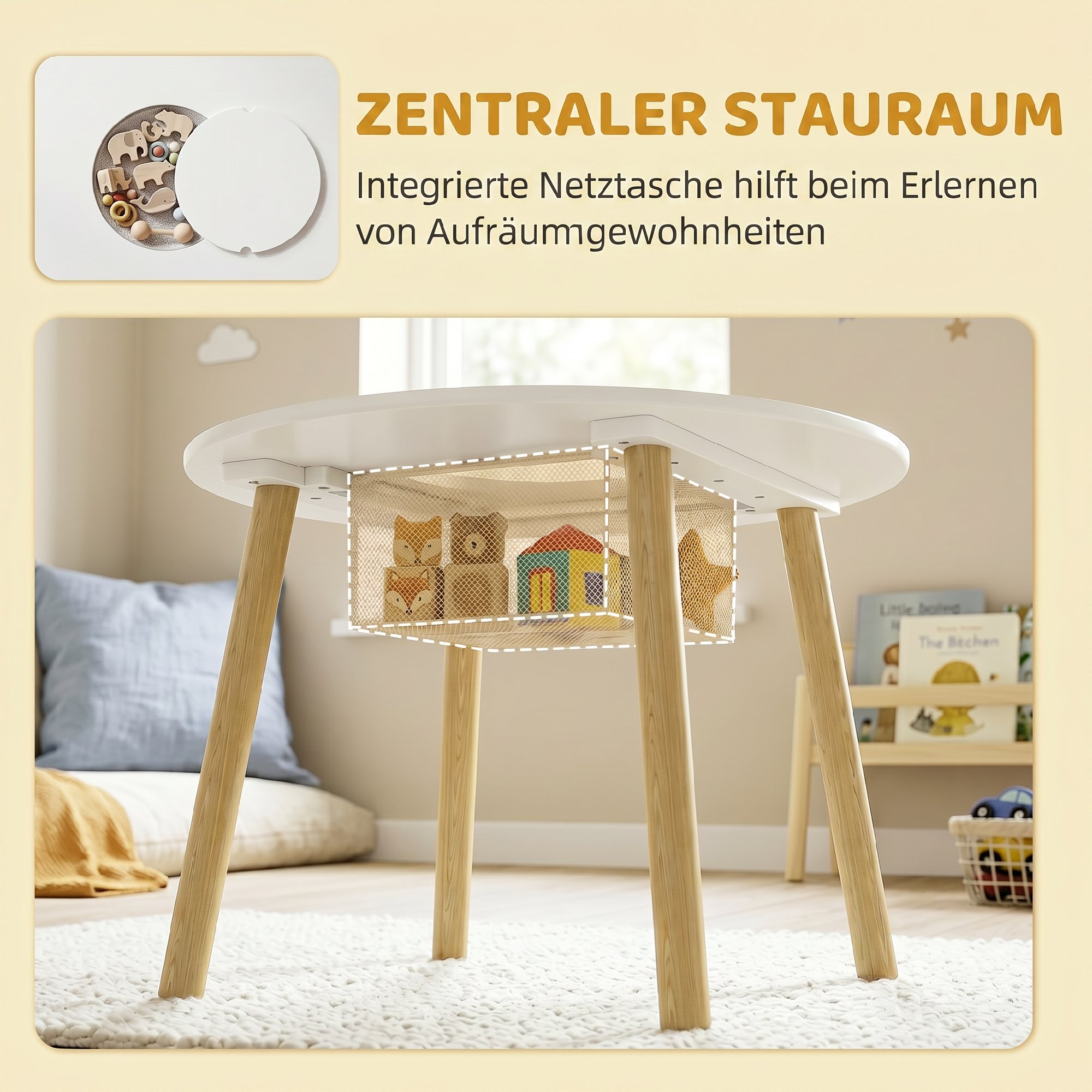 Kindertisch mit Stühlen und Aufbewahrung, 3-teiliges Kinder-Möbelset in Weiß und Natur für Spielzimmer und Kinderzimmer