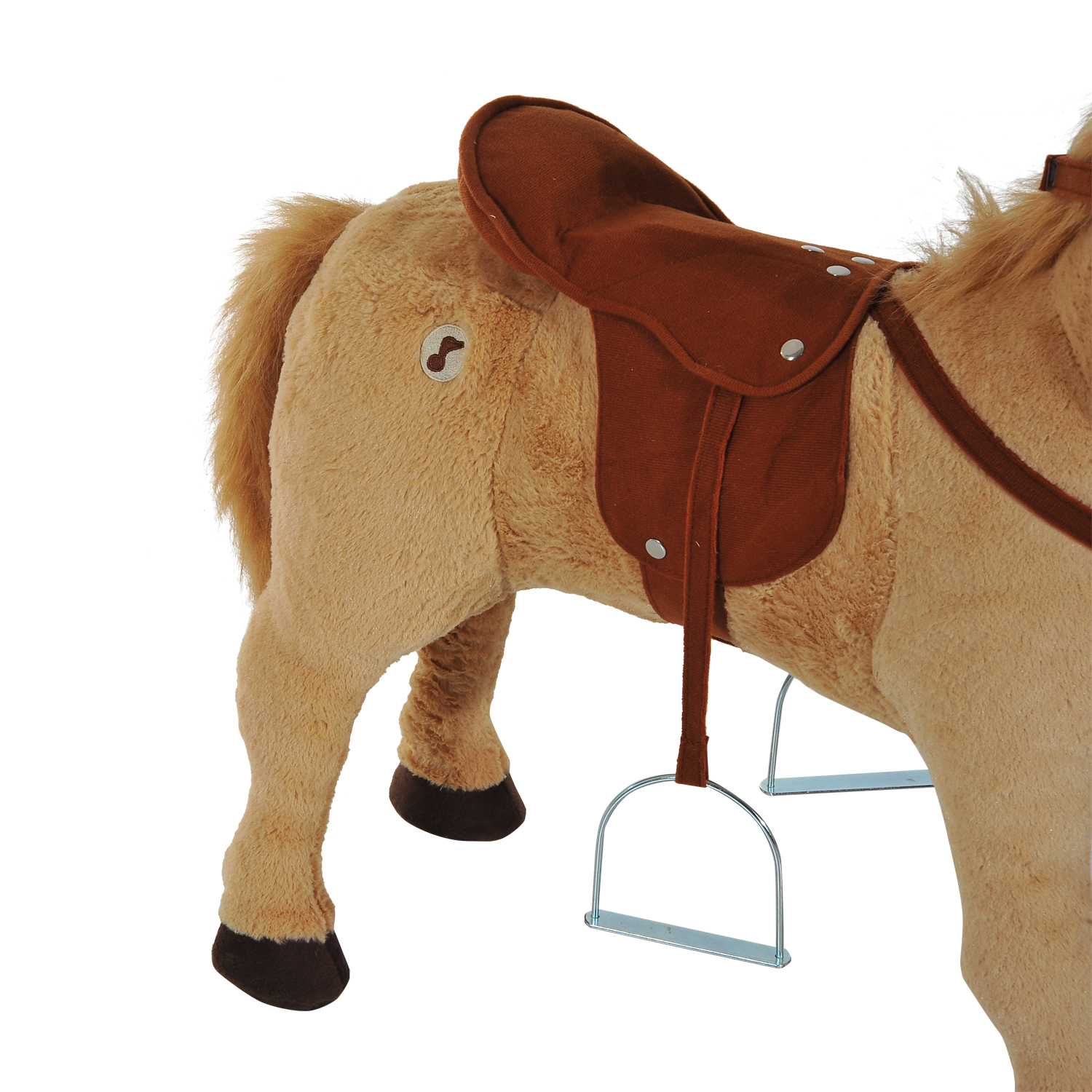 Reitpferd 60 cm Stehpferd mit Sattel, Zaumzeug Steigbügel Sound Spielpferd zum Reiten Draufsitzen Schaukeltier für Kinder ab 2 Jahre, Schaukelpferd Plüschpferd Indoor Outdoor Beige