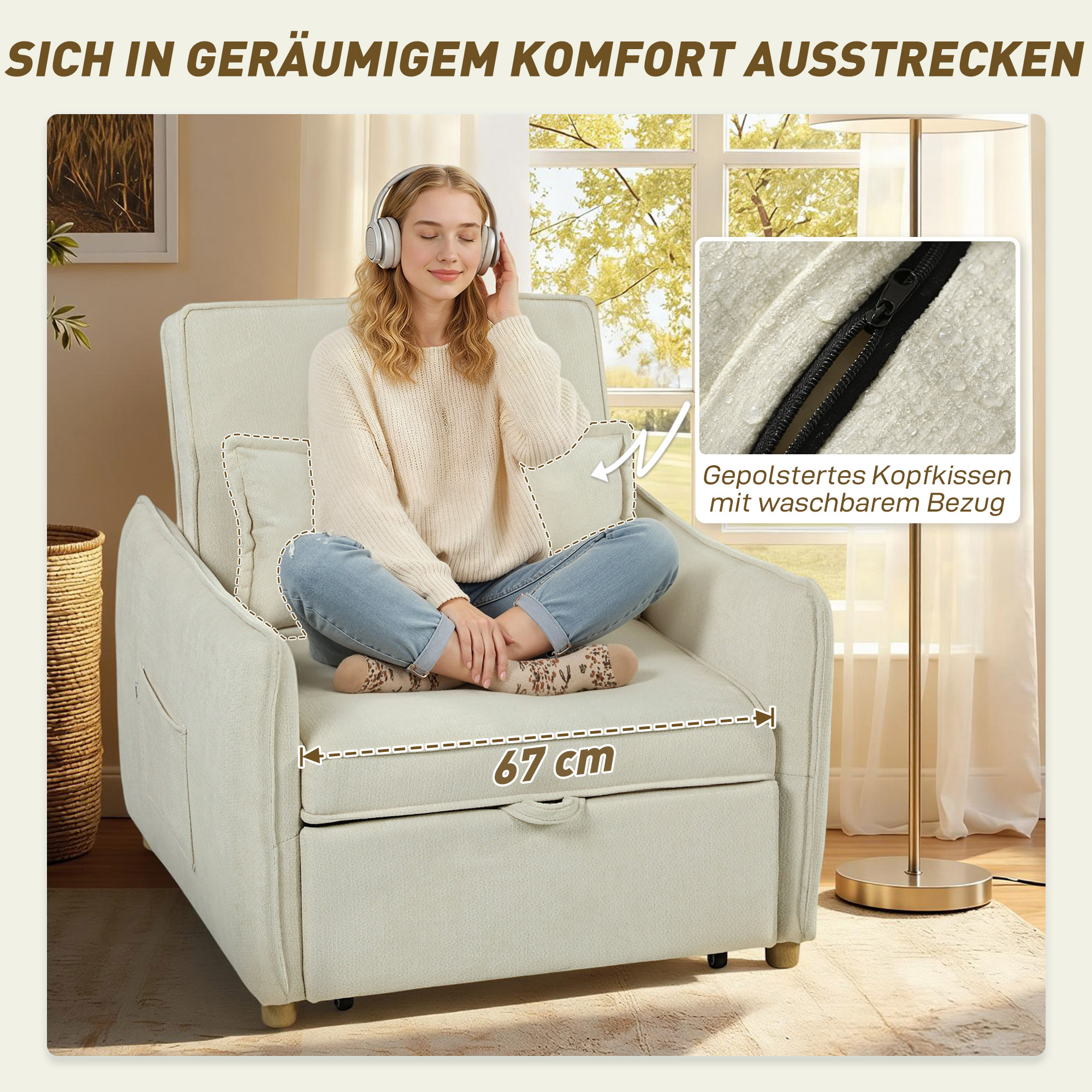 Schlafsessel 3 in 1 Umwandelbarer Sessel mit Bettfunktion, Lendenkissen, für Wohnzimmer Creme