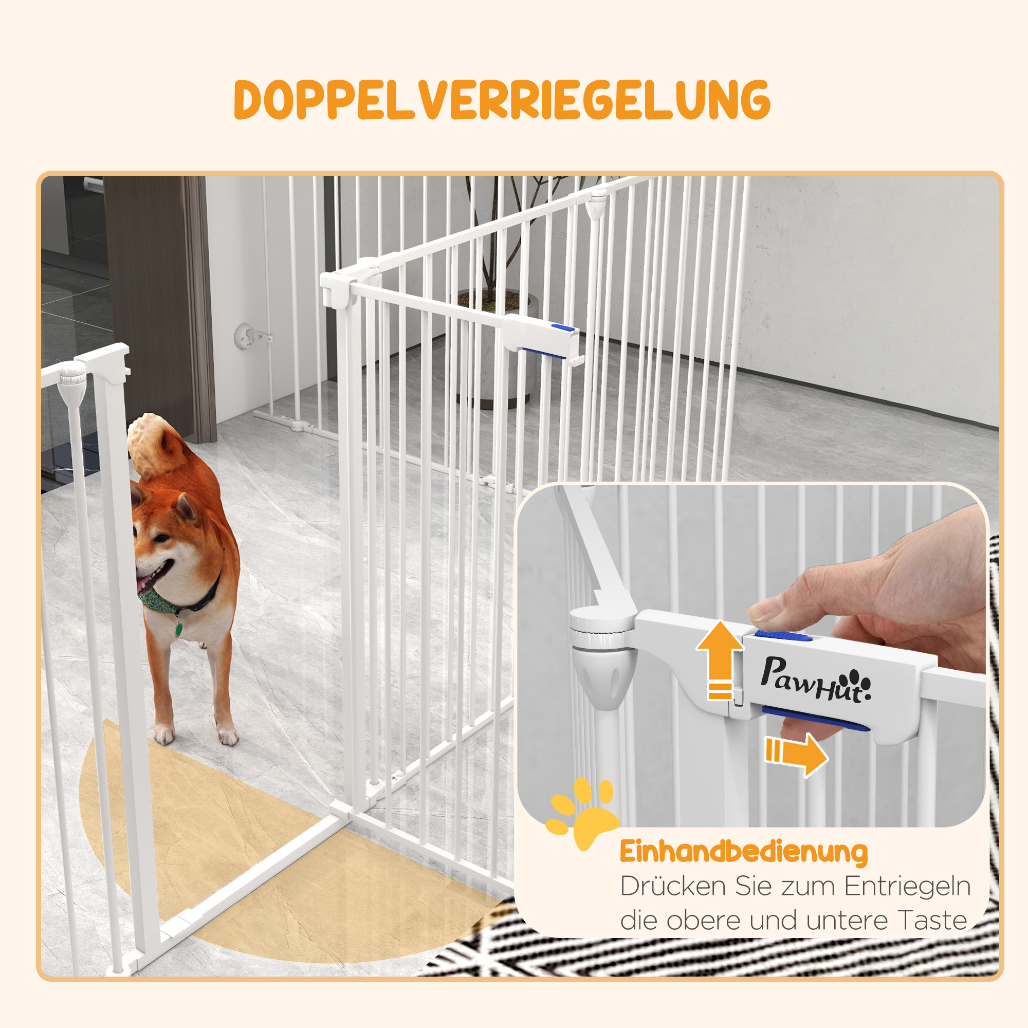 2-in-1 Welpenauslauf und Absperrgitter, 8 Paneele, verriegelbare Tür, Stahl, 90 cm Höhe, weiß
