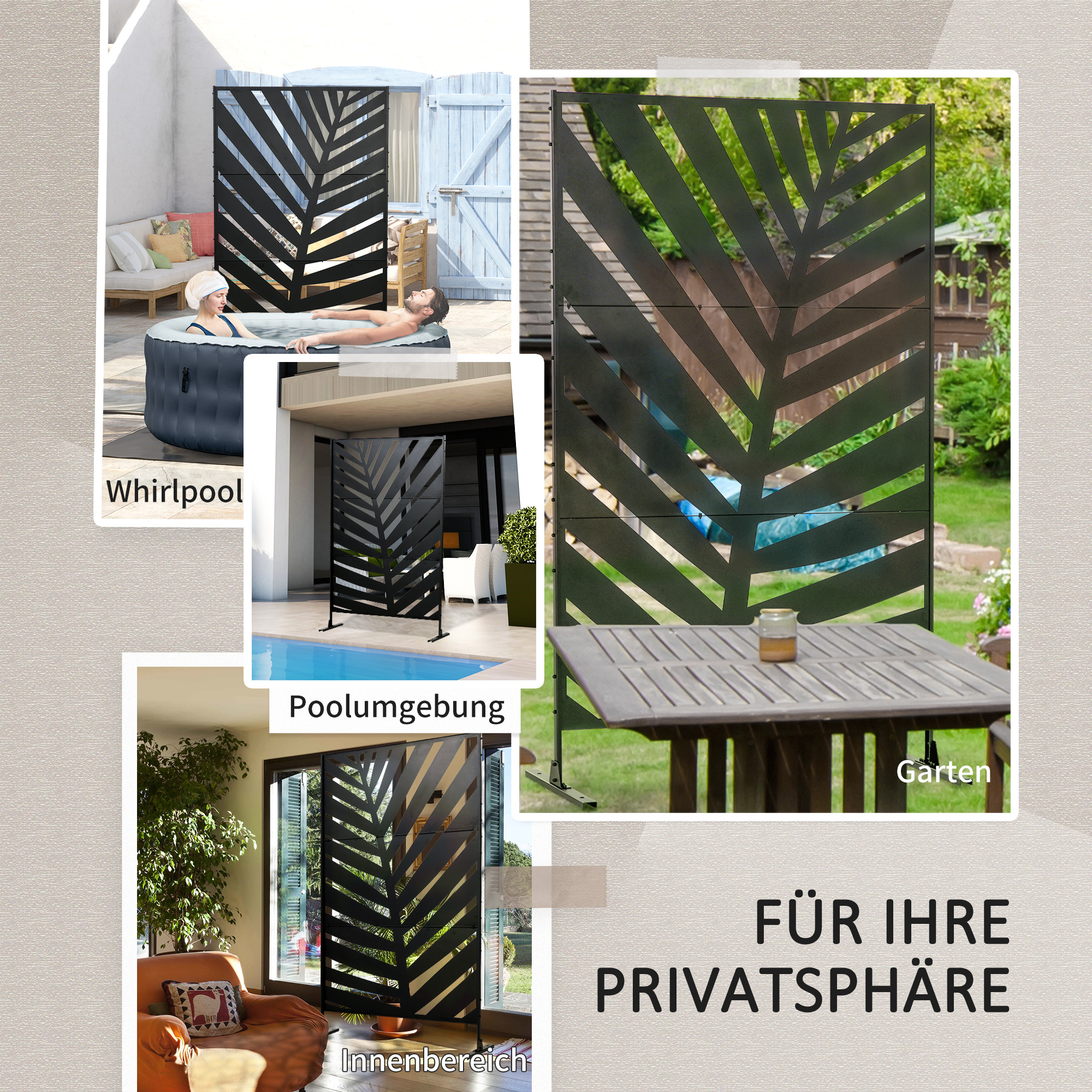 Outdoor-Sichtschutz, lackiert Stahlrahmen, Design: Palmblatt-Silhouette, 1,2 x 2 m, Schwarz