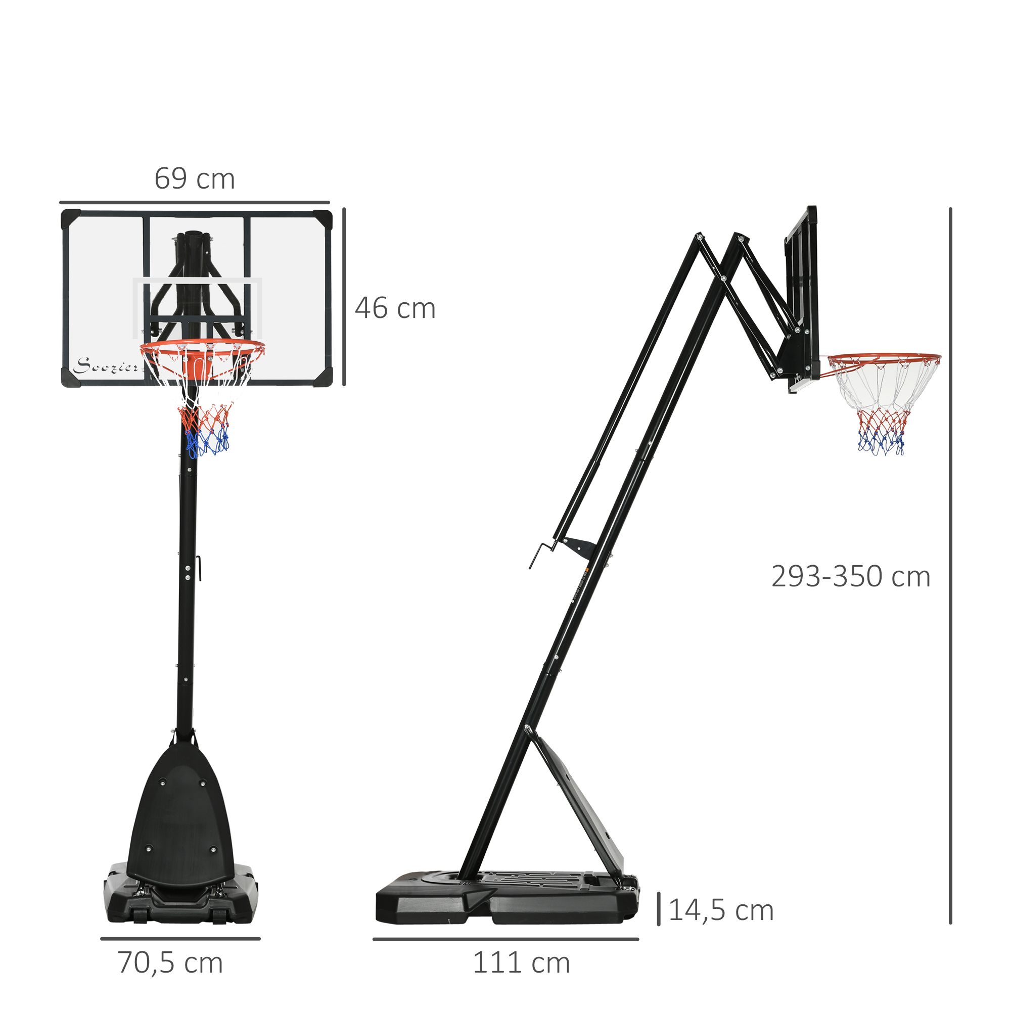 Basketballständer, verstellbare Korbhöhe 2,3-2,9 m, untere Pralllatte, befüllbare Basis, rot+schwarz