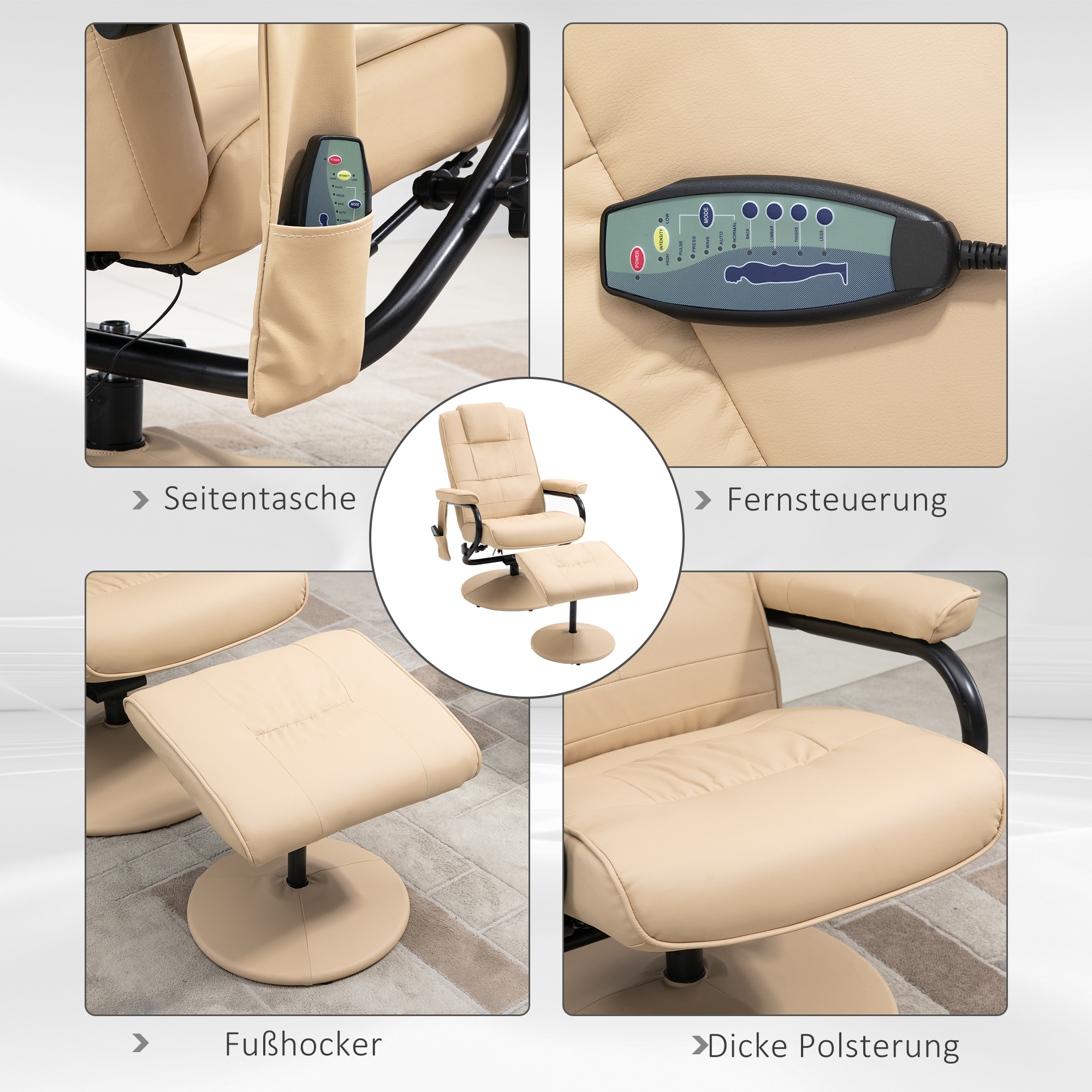 Massagesessel mit Hocker, Drehbares Relaxsessel mit Massagefunktion, Fernsehsessel mit Liegefunktion, Fernbedienung für Wohnzimmer, Kunstleder, Creme