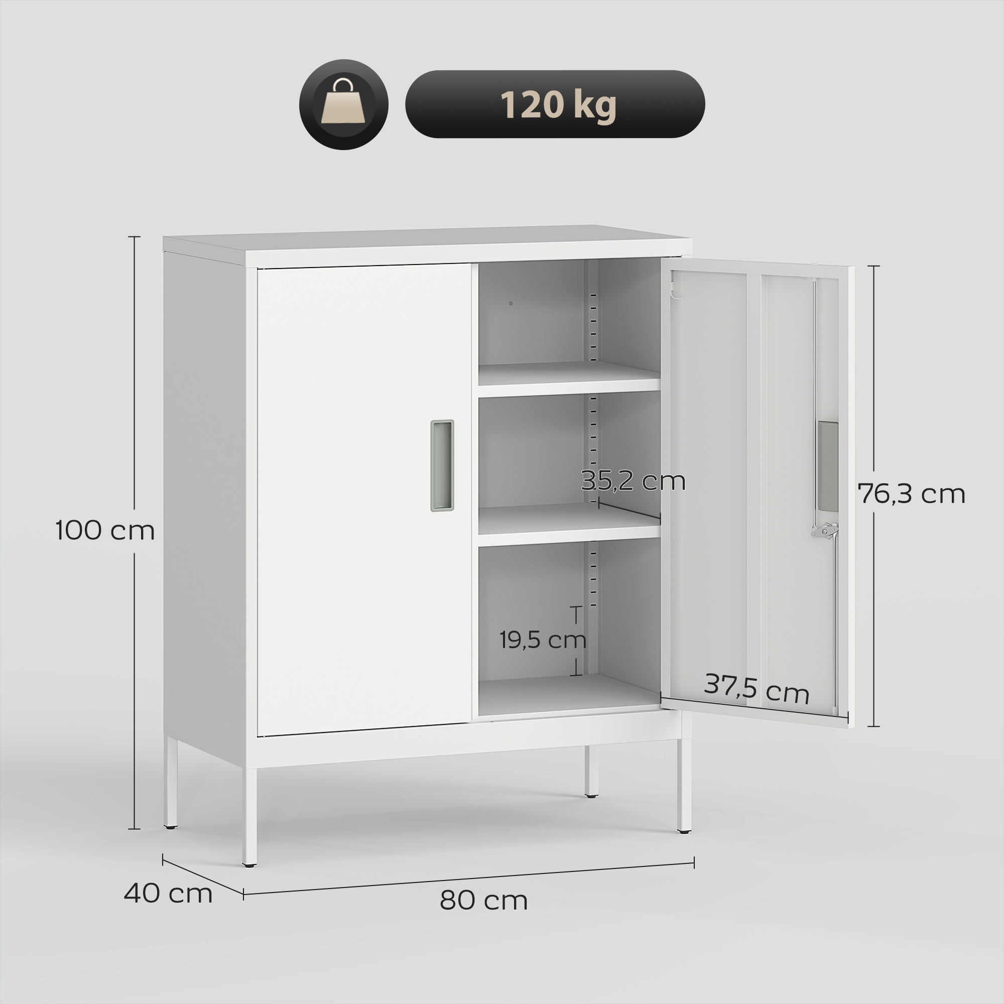 Verschließbarer Stahlschrank mit 2 Türen, Büroschrank, verstellbare Regale, für Homeoffice, Wohnzimmer, Garage, Weiß