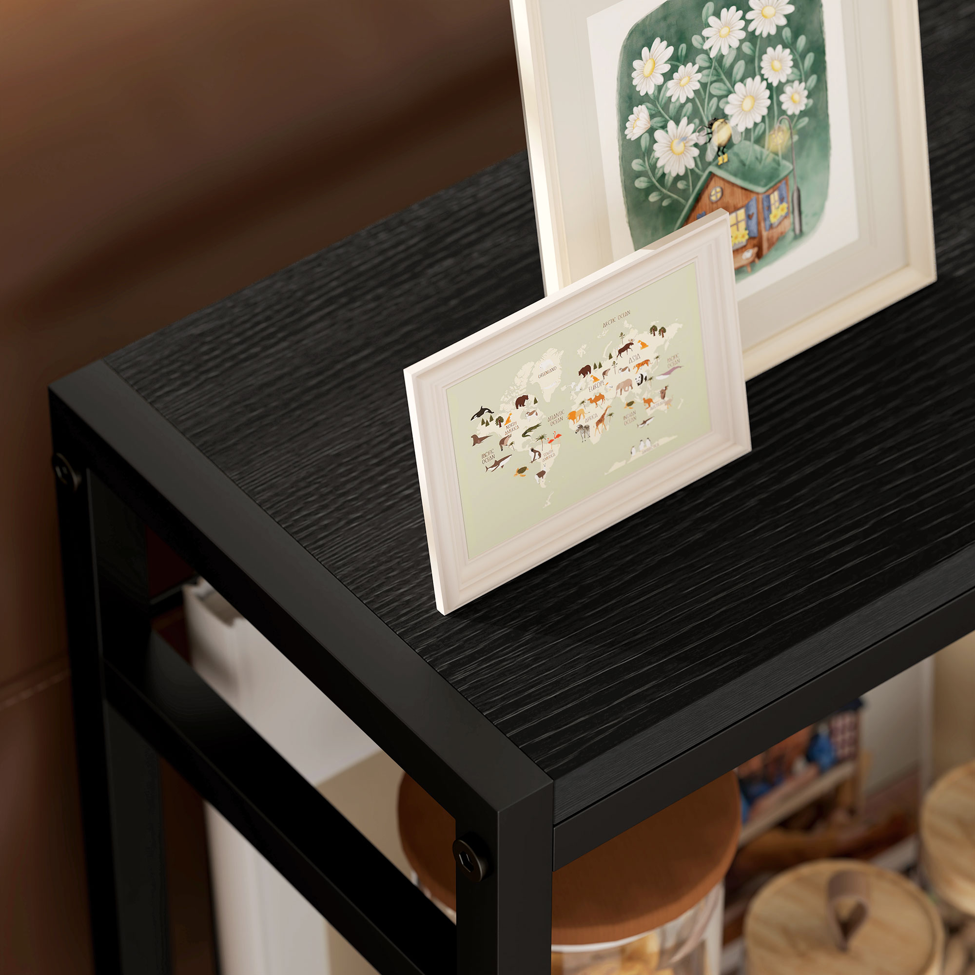 Beistelltisch, 3-stufiges Design, Regale in Holzoptik, Stahlrahmen, Schwarz