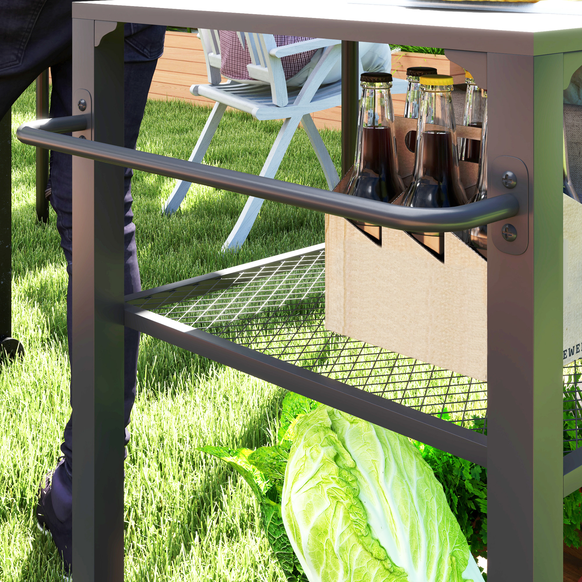 Outdoor-Kücheninsel, Grillwagen mit Aufbewahrungsregal, Griff, 4 Rollen, Küchenwagen, Terrasse, Garten, Metall, Schwarz