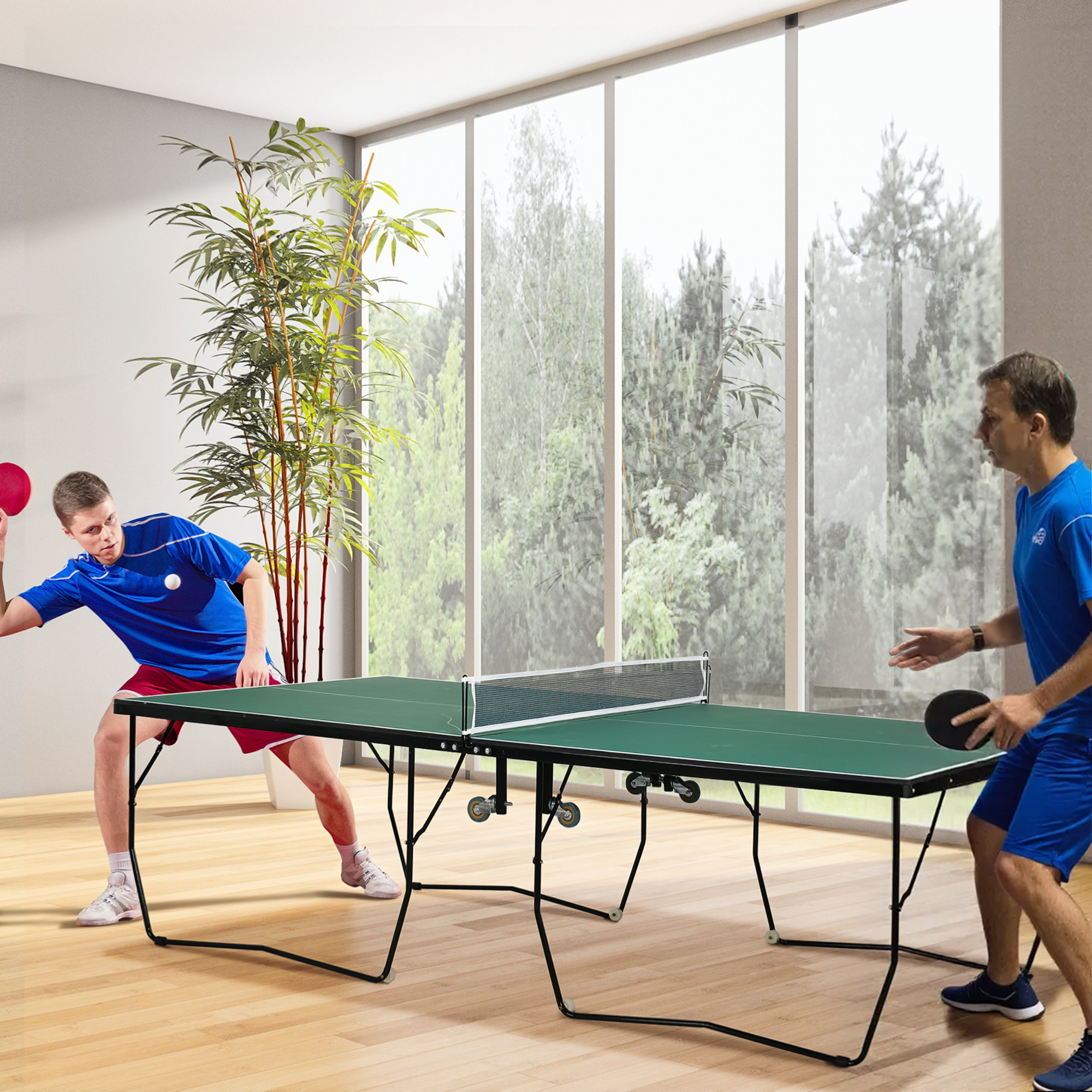 Tischtennisplatte Tischtennis-Set, klappbar, 8 Rollen, inkl. Schläger u. Bälle, 274 cm x 152.5 cm x 76 cm, Grün