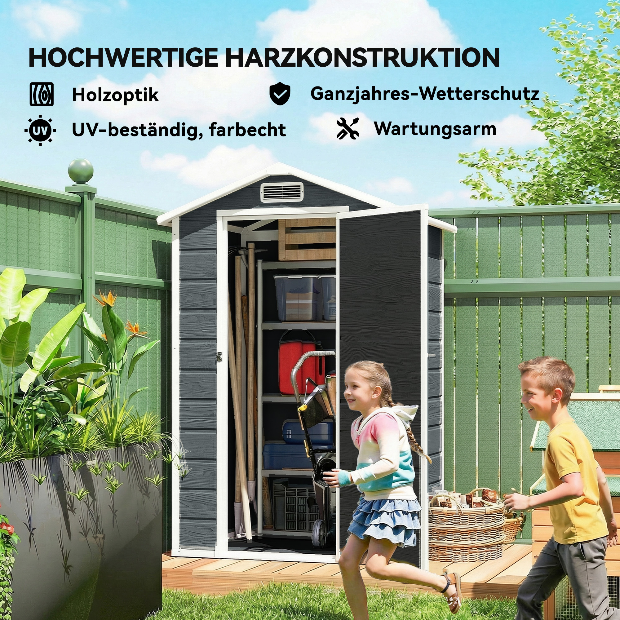 Gerätehaus 1,1 m² Geräteschuppen mit Holzoptik Fenster Satteldach Belüftung Boden Schloss Handschuhe Grau