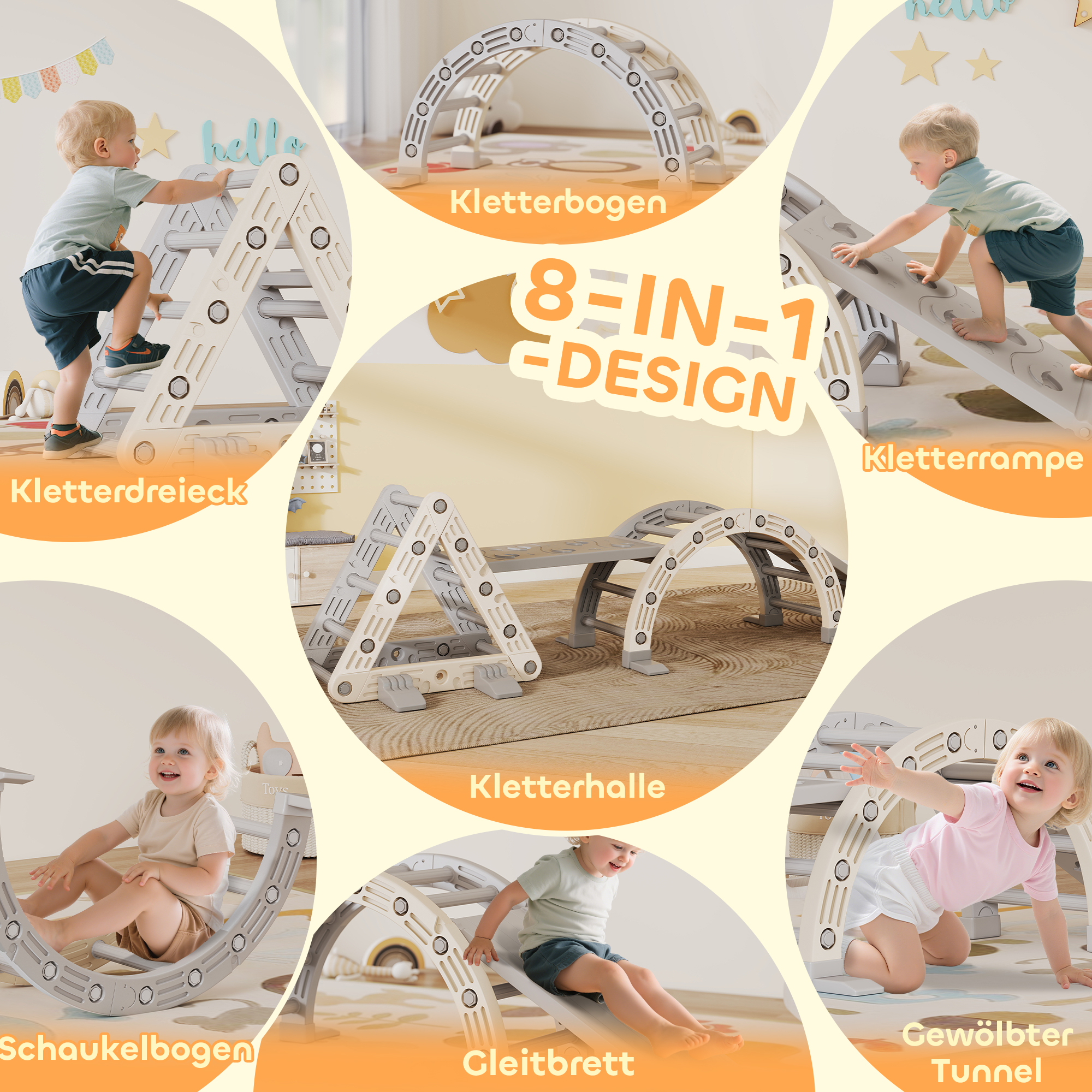 Klettergerüst Indoor, 5 in 1 Kletterdreieck mit Rutsche, Kletterbogen, inkl. doppelseitige Rampe, Spielplatz Indoor für Kinder 18-48 Monate, Grau+Weiß