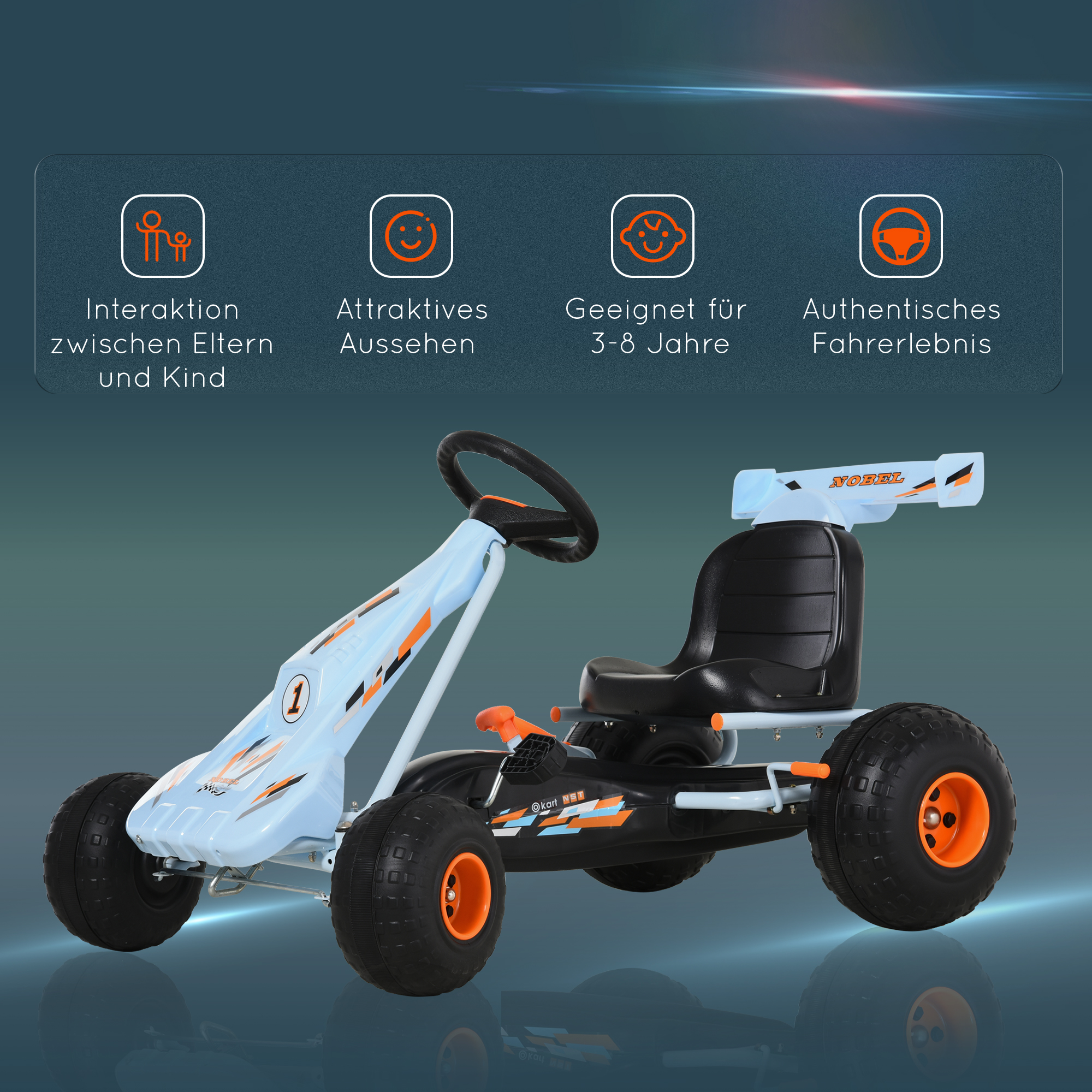 Gokart Tretauto mit Handbremse, verstellbarem Sitz, Pedal, Vor- und Rückwärtsgang, Kettcar Tretfahrzeug Kinderfahrzeug Kinderspielzeug Pedal-Gokart für Kinder ab 3 Jahren Hellblau