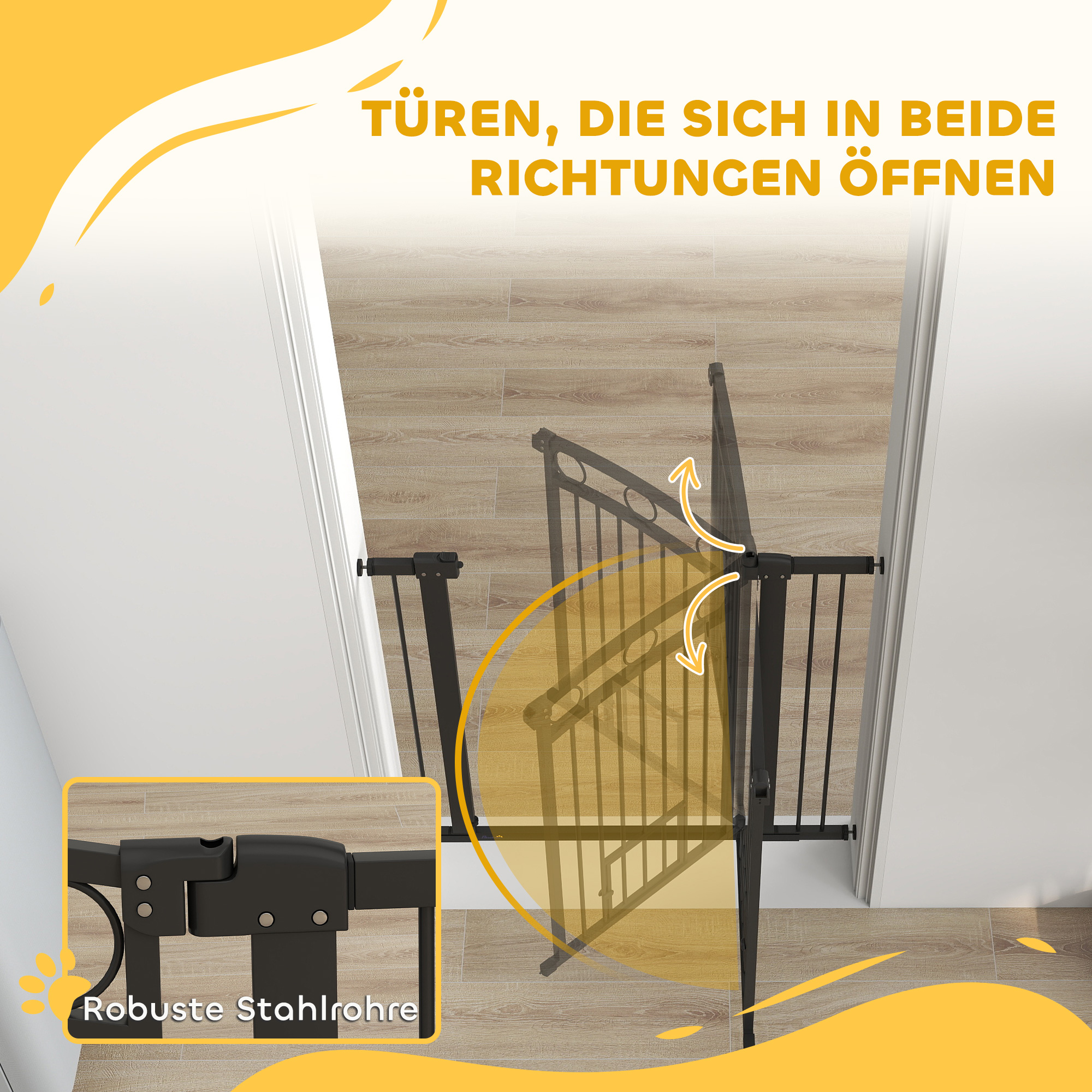 Haustiertor, 96 cm Treppengatter, verstellbare Breite 76-104 cm, mit Katzentür, für Treppen und Türöffnungen, Schwarz
