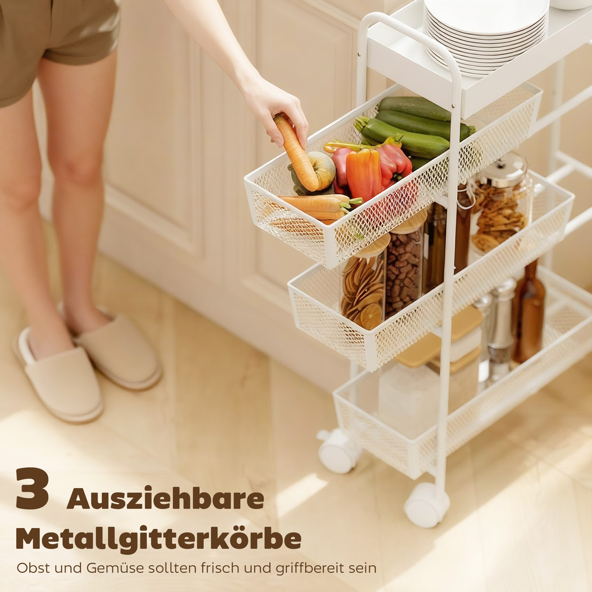 Küchenwagen aus Metall, 3 Körbe, schmales Design, 4 Räder, für Küche, Wohnzimmer, Badezimmer, Weiß