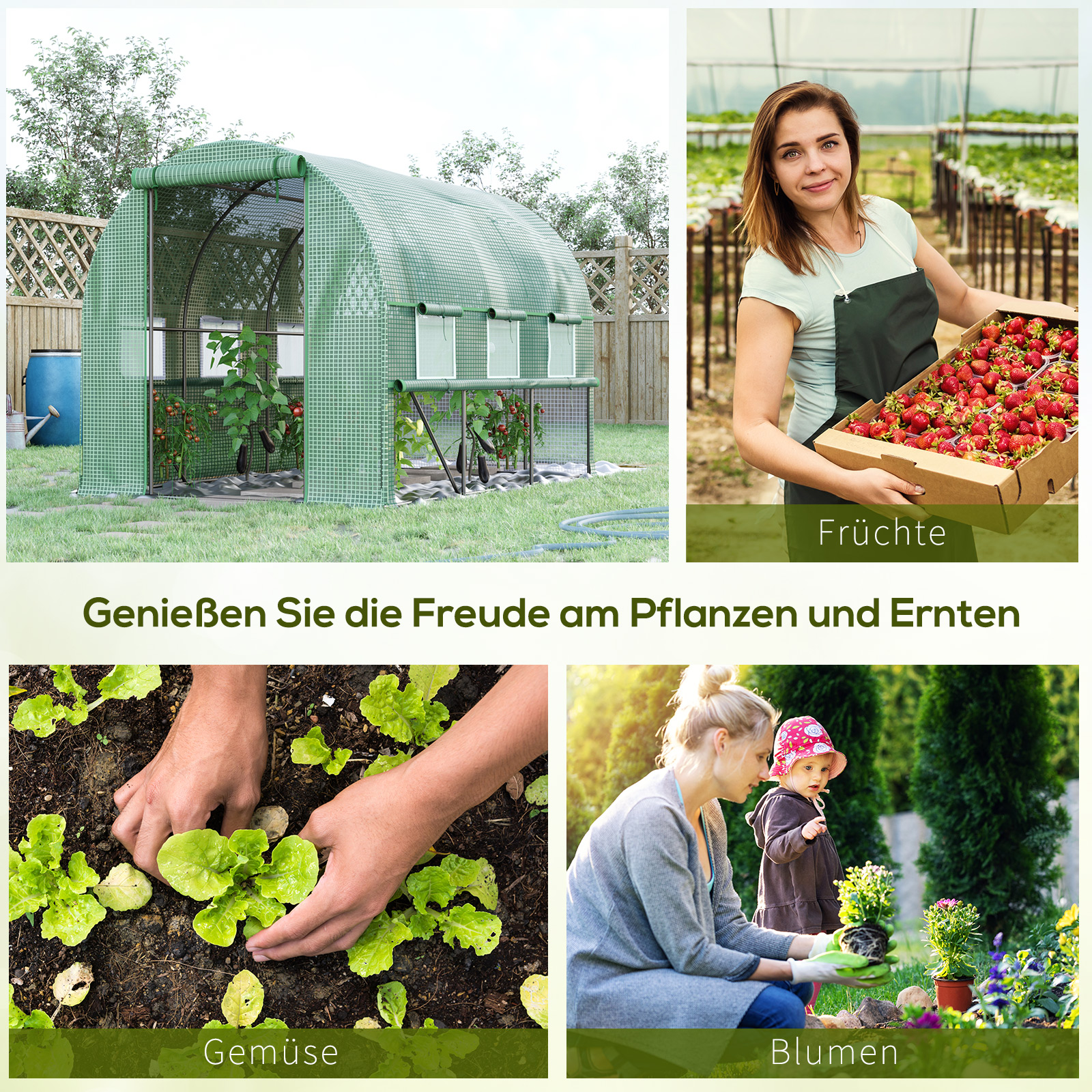 Foliengewächshaus, 6 aufrollbare Fenster, Tür mit Reißverschluss, rostfreier Stahlrahmen, 2,95 x 2 x 2 m, Grün