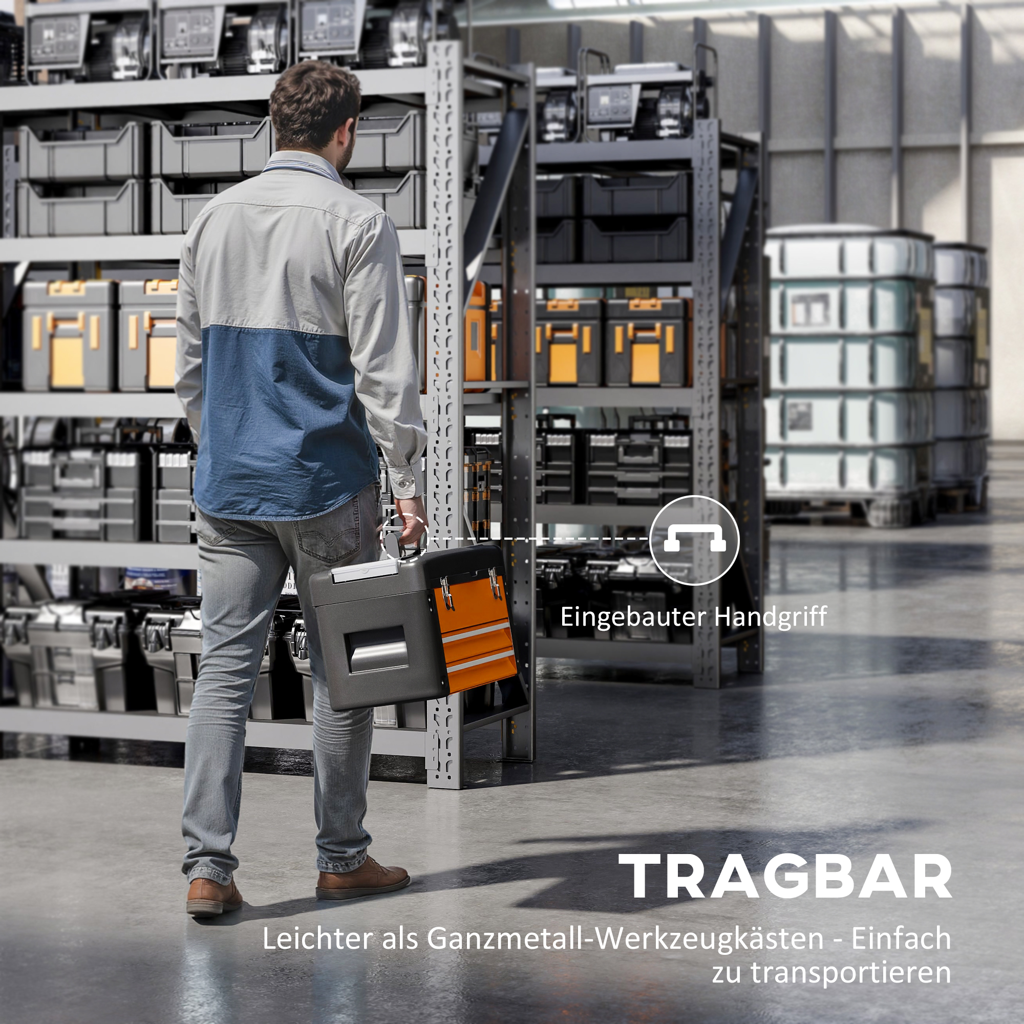 Werkzeugkiste leer, 49,7 x 25,3 x 28,9 cm Werkzeugkasten mit Schublade, Mini-Box Stahl Orange