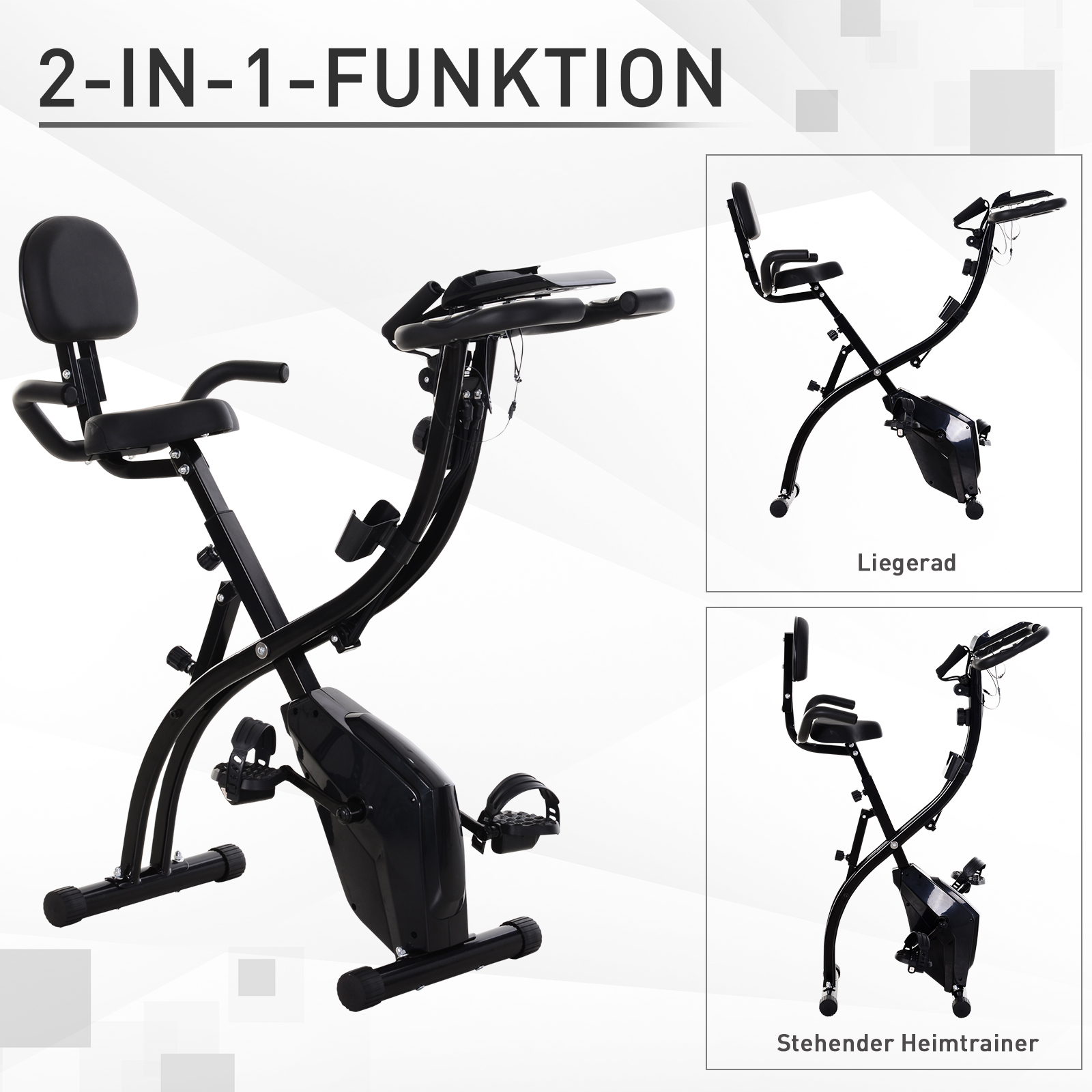 Heimtrainer X-Bike 2-in-1 Fahrradtrainer mit LCD-Display,Pulsmesser, klappbarer Hometrainer Trimmrad mit 8 stufig Magnetwiderstand, 1 Paar Spannseil, Stahl Schwarz 105x48x118 cm