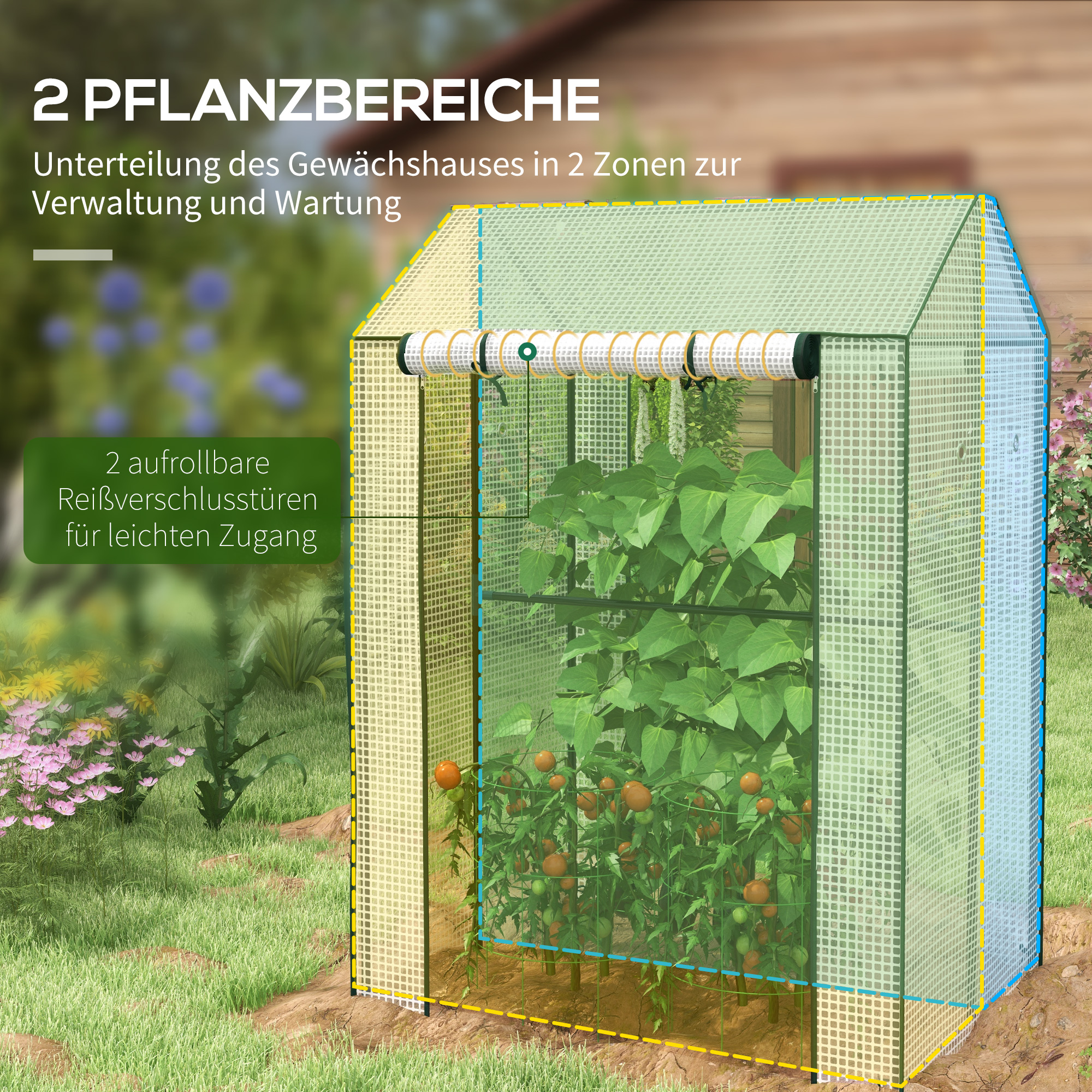 Gewächshaus Treibhaus Frühbeet, wetterbeständig, aufrollbare Tür, 100 cm x 80 cm x 150 cm, Weiß + Grün