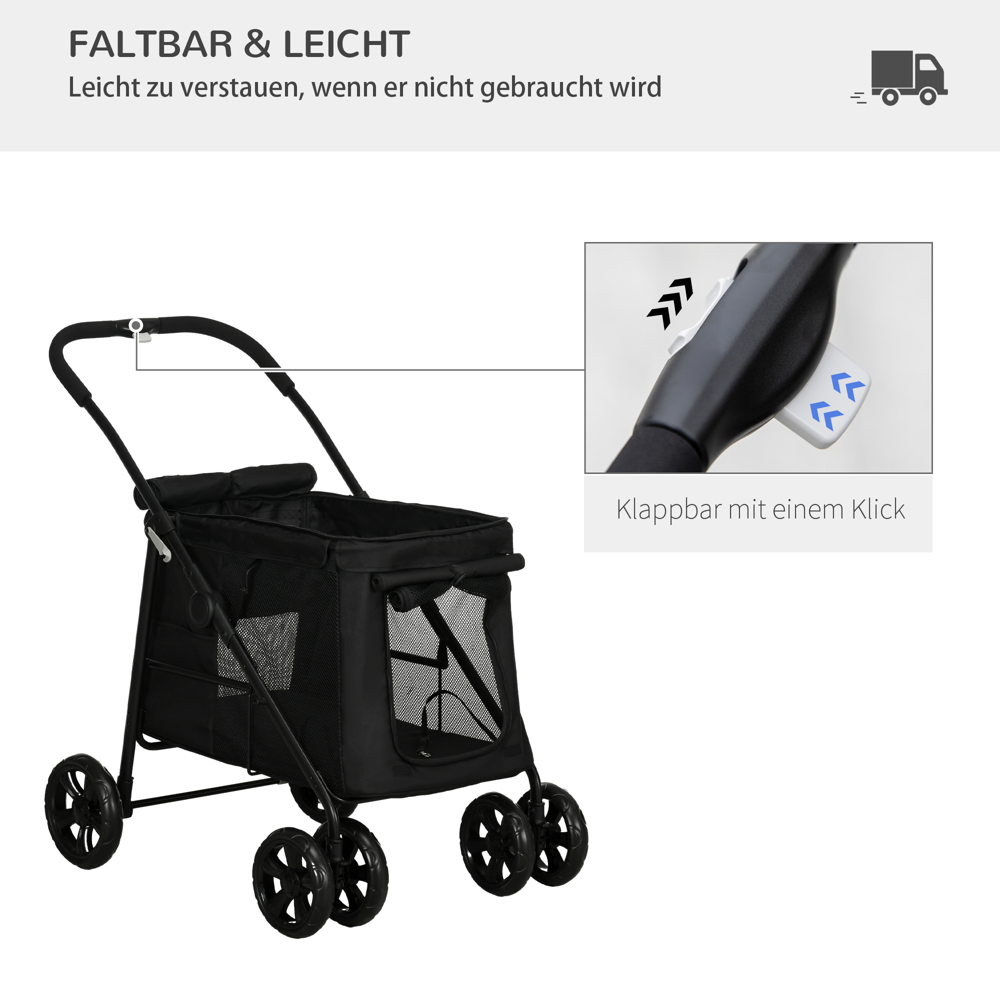 Hundetrolley inkl. Kissen, 3 Seitentaschen, klappbar, Hundewagen, 102 cm x 62 cm x 105 cm, Schwarz