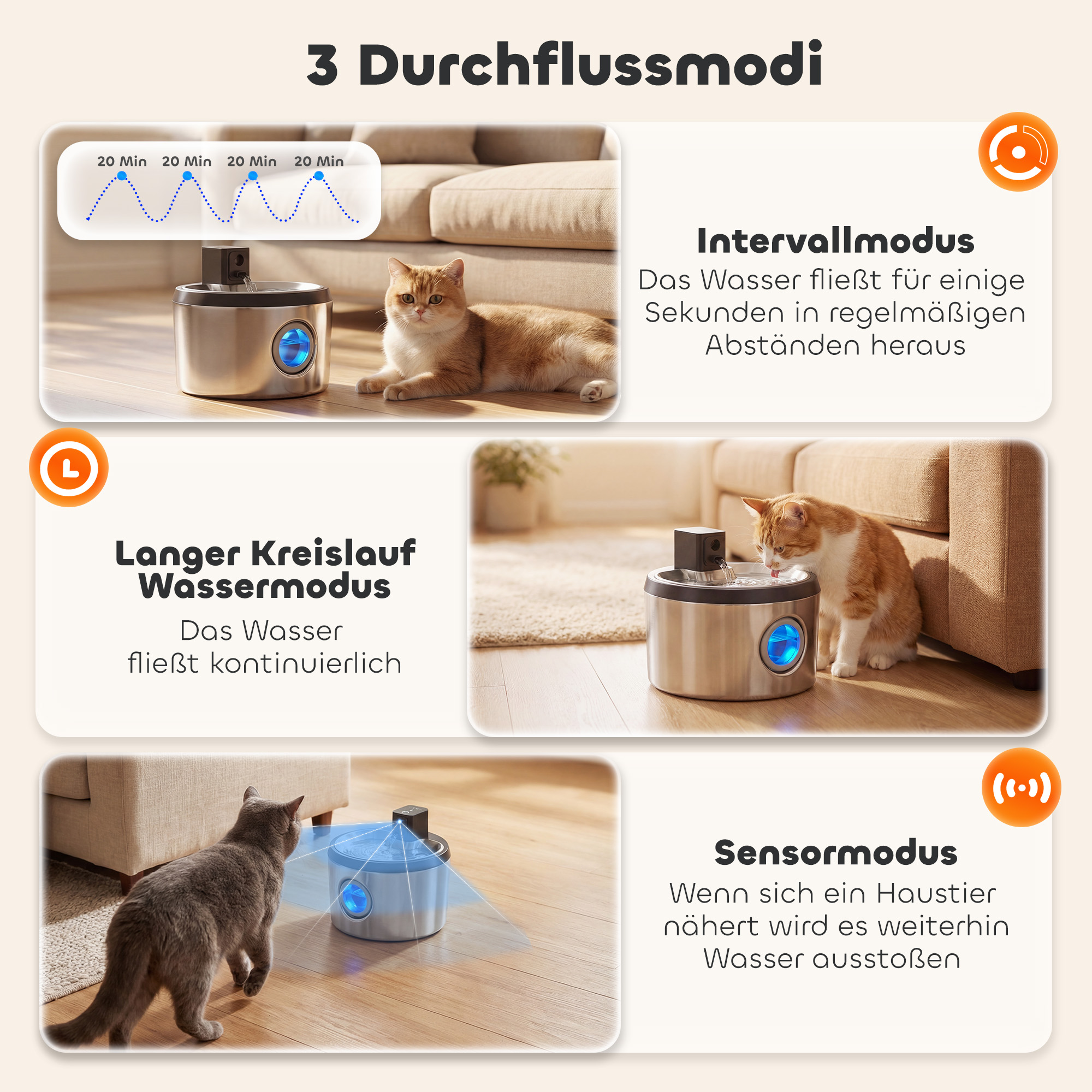 Katzenbrunnen 4l, kabellos, Edelstahl, Trinkbrunnen mit Bewegungsmelder 6 Filtern zweifaches Filtersystem LED Silber