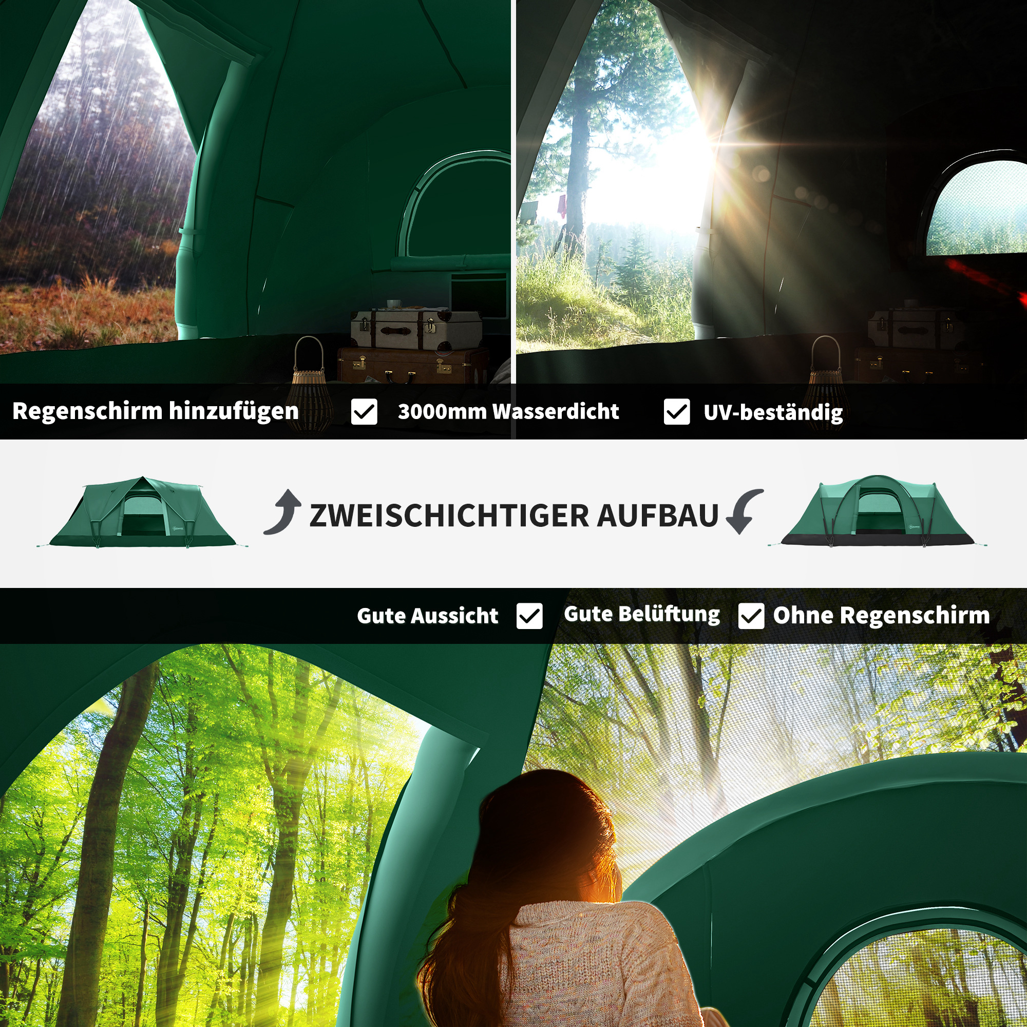 Campingzelt für 5-6 Personen, Familienzelt, Lampenhaken, Seitentaschen, 4,55x2,3x1,8m, Grün/Schwarz