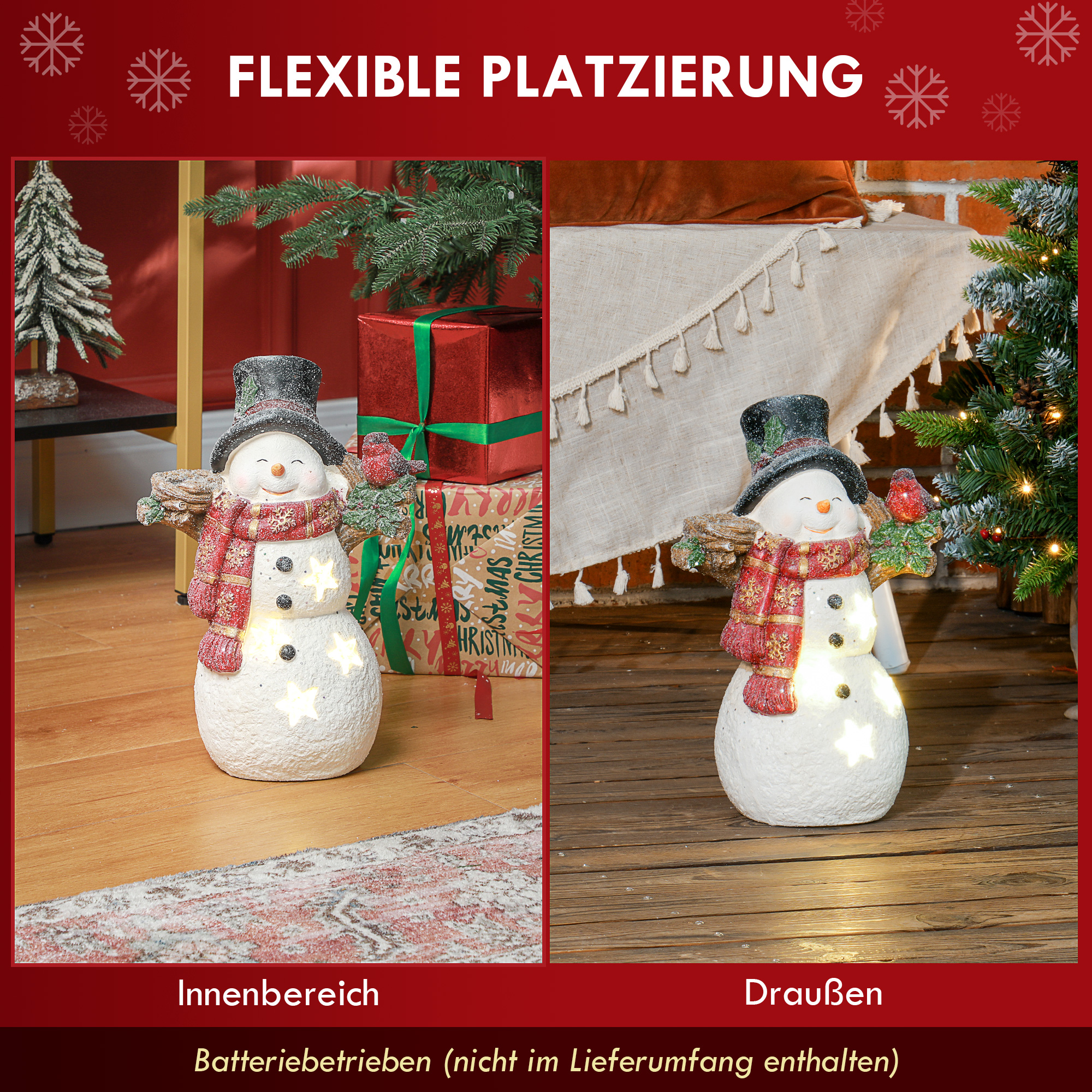 Weihnachtsdeko, Schneemann mit Vogel, 4 warmweiße LEDs, batteriebetrieben, 25 x 15,5 x 38 cm