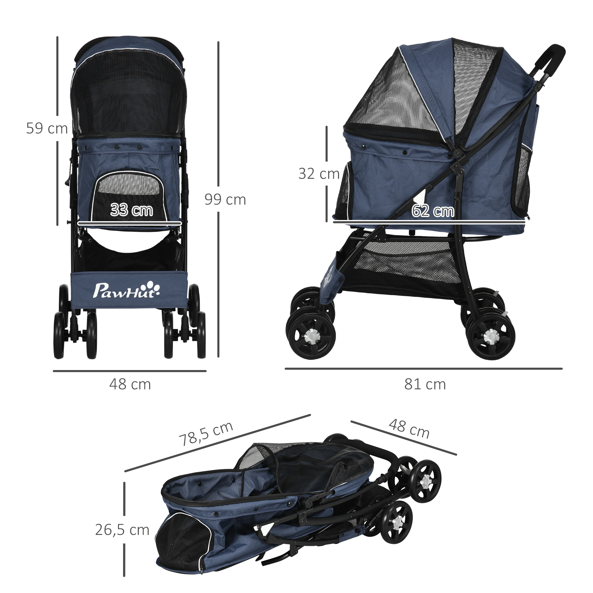 Hundewagen Hundebuggy bis 10 kg Klappbar Bodenkorb Kissen Seitentasche 81 cm x 48 cm x 99 cm Grau