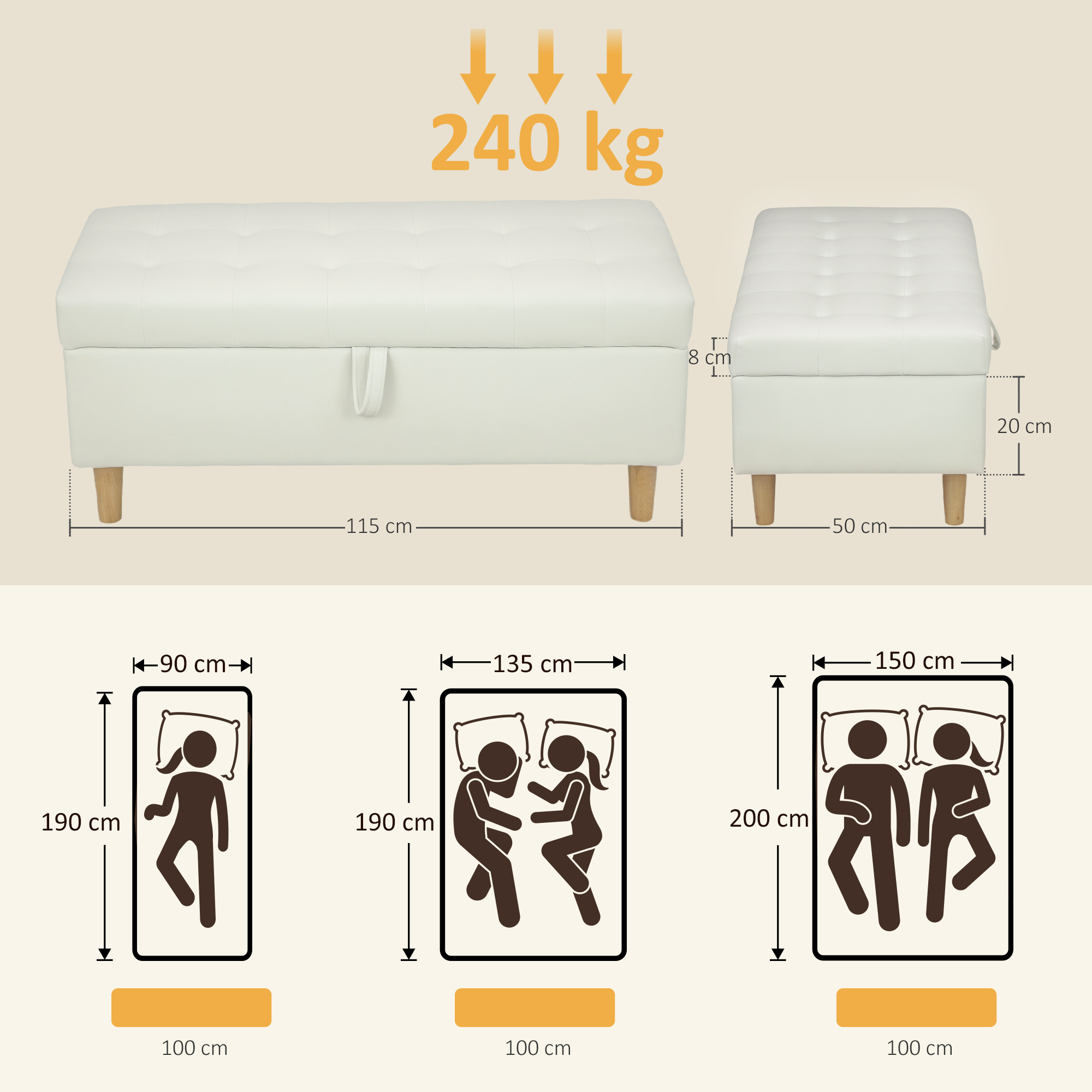 Polsterhocker mit Stauraum, Holzbeine, weicher Stoffbezug, Cremeweiß