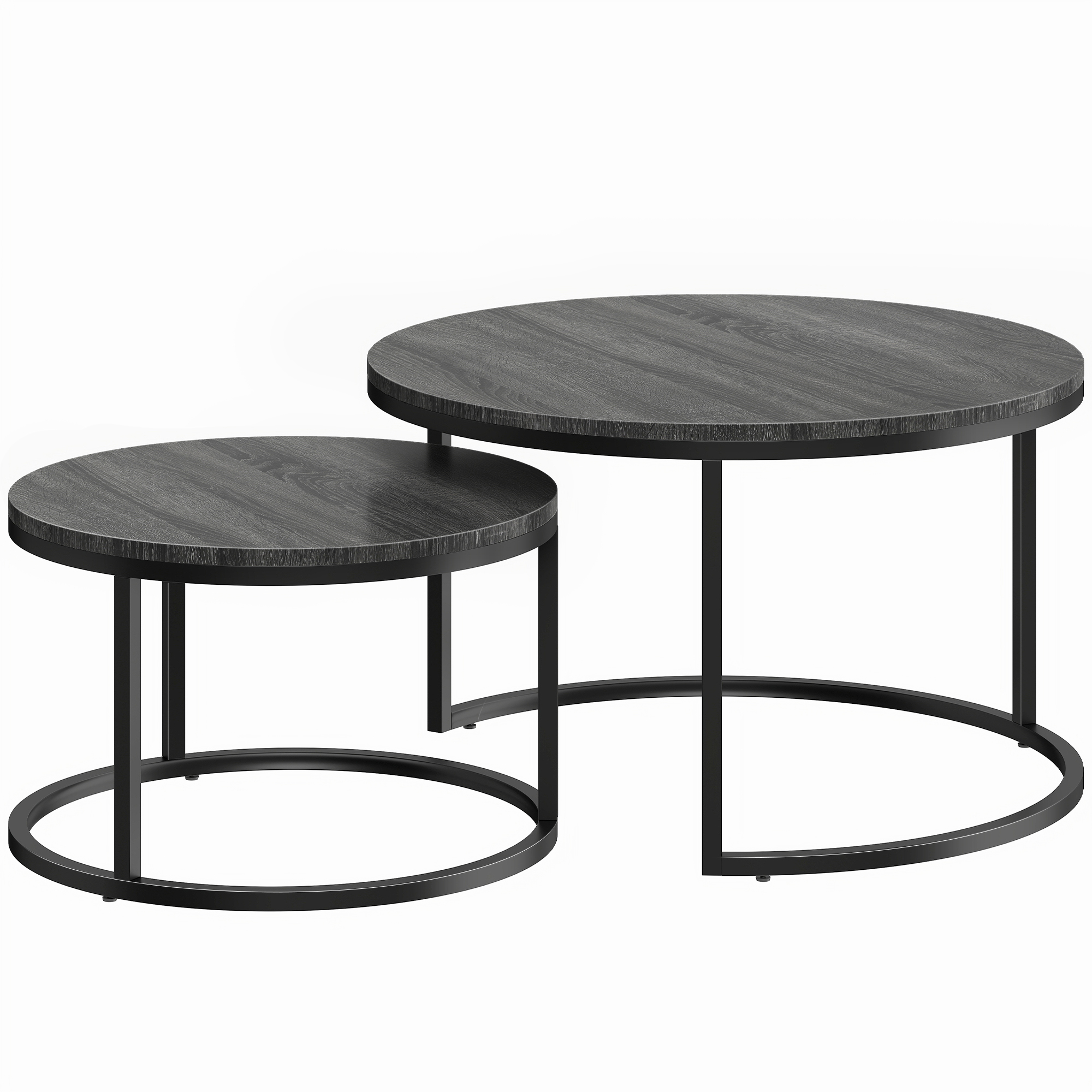 Modernes Kaffeetisch 2er-Set, Stapelbare Beistelltische mit Metallgestell für Wohnzimmer, Schlafzimmer, Büro, Schwarz