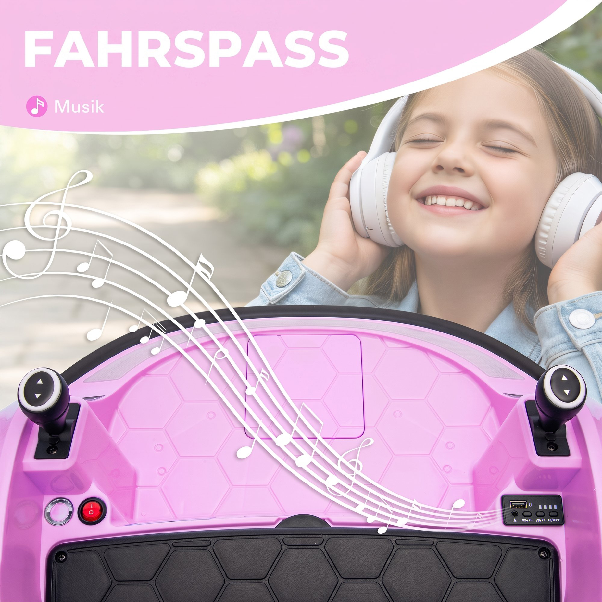 Autoscooter, 360° Rotation, 2 km/h Geschwindigkeit, Sicherheitsgurt, LED-Lichter, Musik und Hupe, Rosa