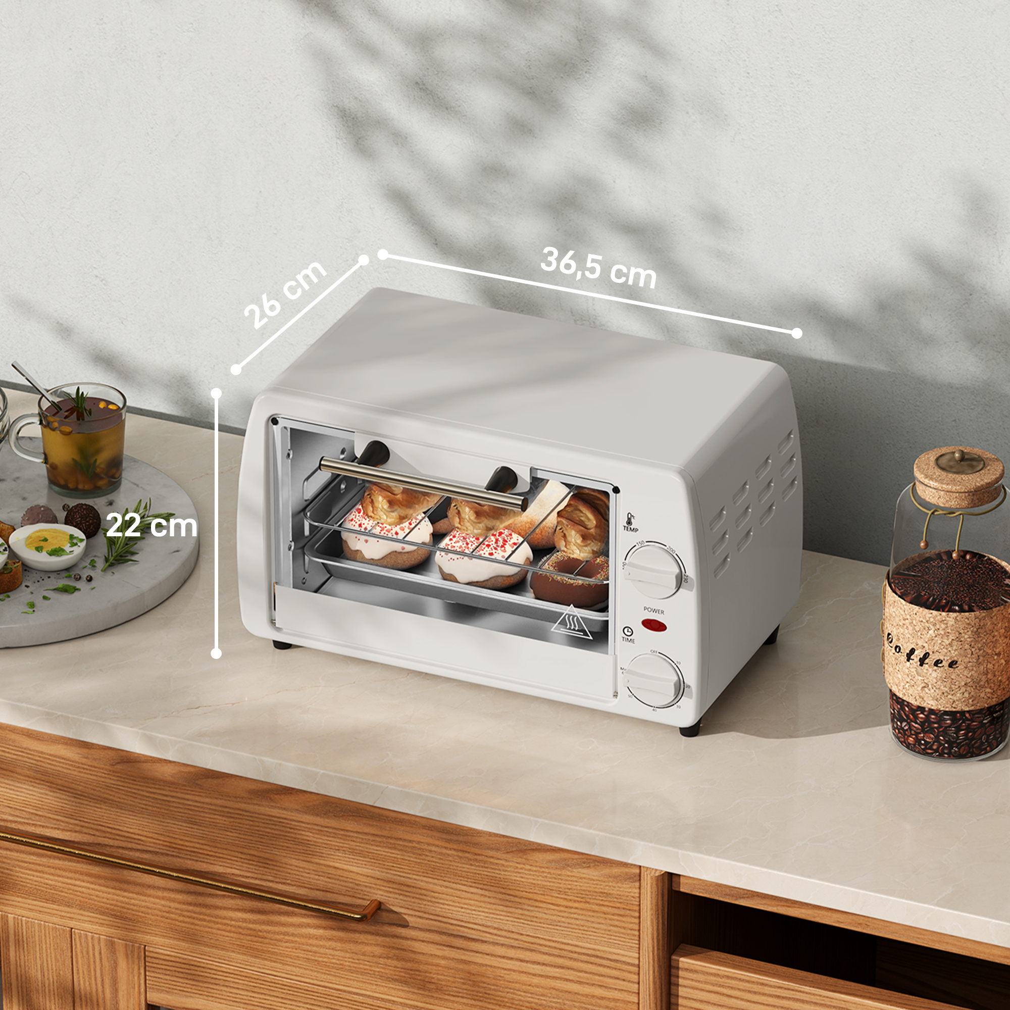 Mini-Ofen Toasterofen, 1 Backblech, 1 Grilrost, 10 L Kapazität, Timer-Funktion, 36,5 cm x 26 cm x 22 cm, Cremeweiß