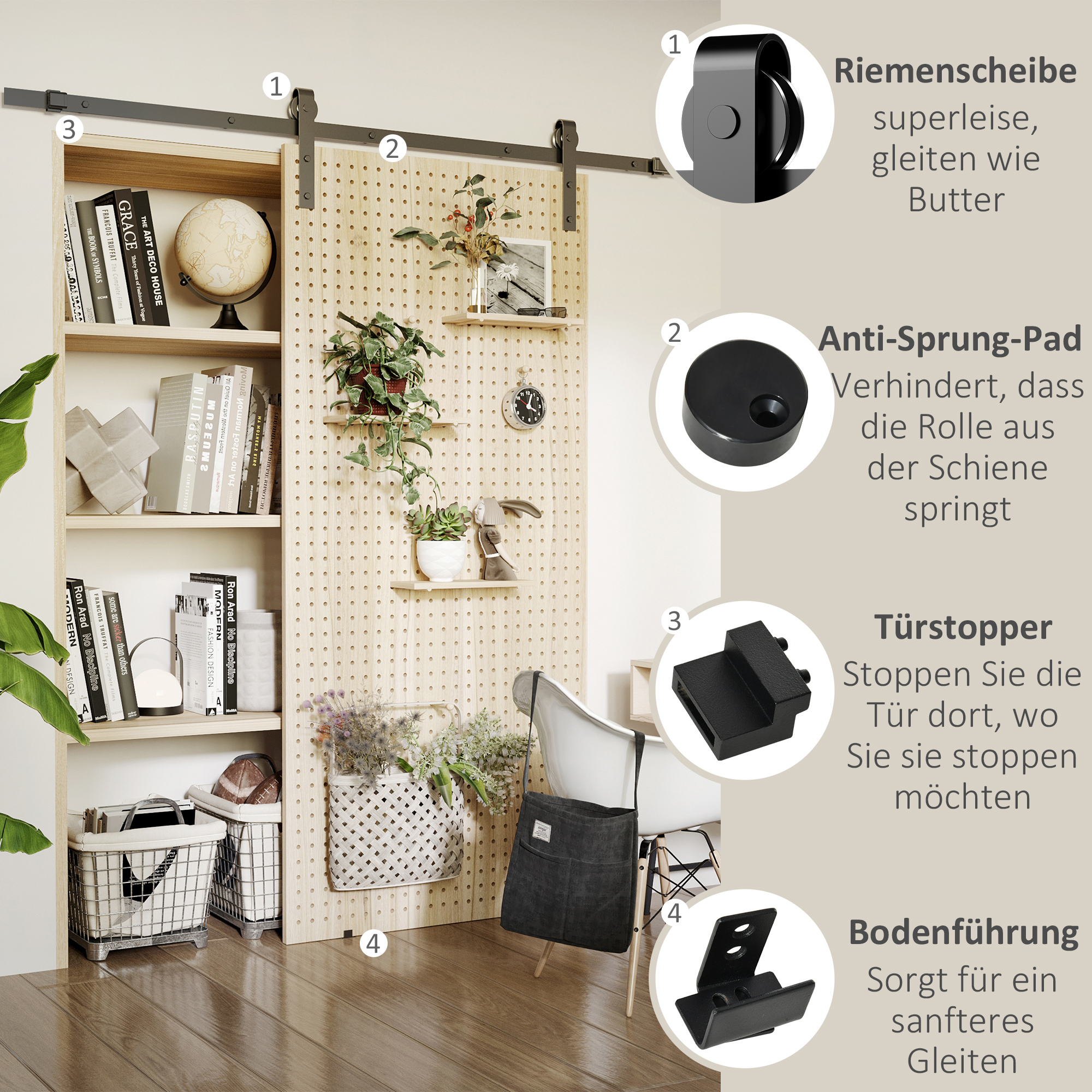 Schiebetüren-Beschlagsatz,  paltzsparend, leise, universell einsetzbar, 200 cm x 40 cm x 0,6 cm, Schwarz